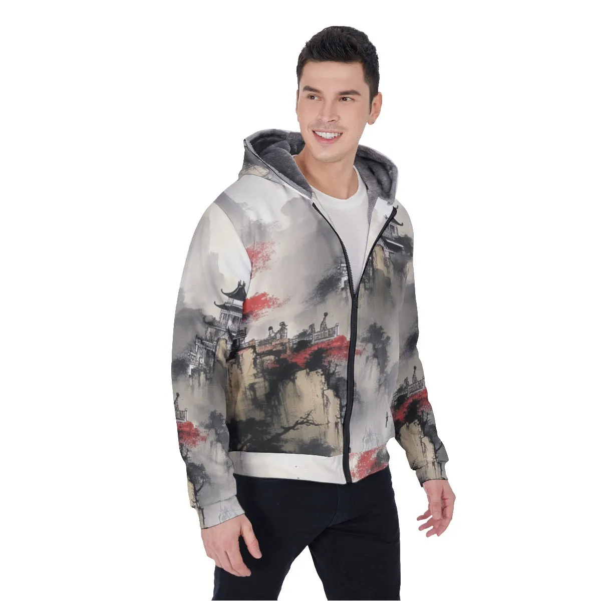 All-Over Print Men's Sherpa Fleece Zip Up Hoodie, Asian theme, print, #25aa5