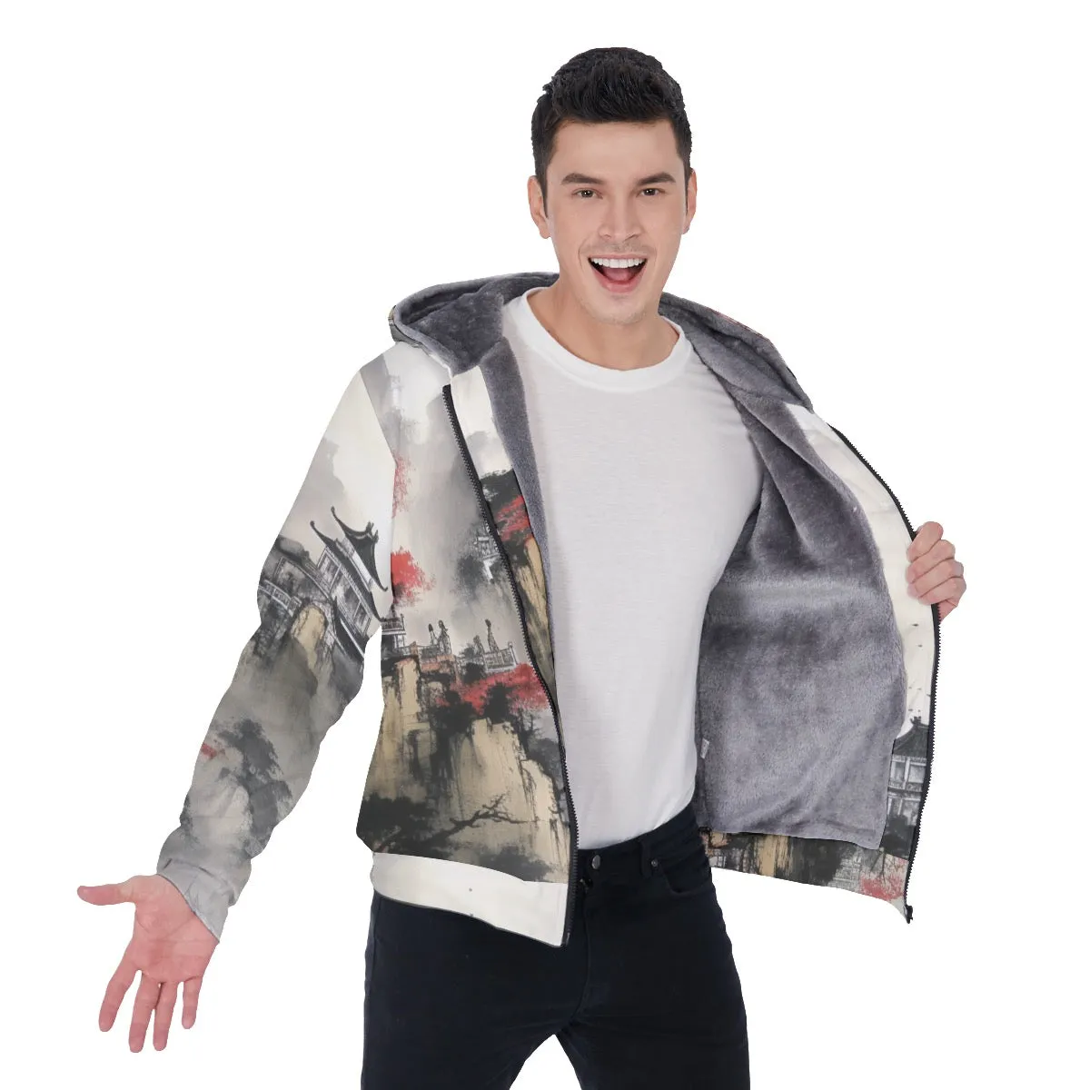 All-Over Print Men's Sherpa Fleece Zip Up Hoodie, Asian theme, print, #25aa5