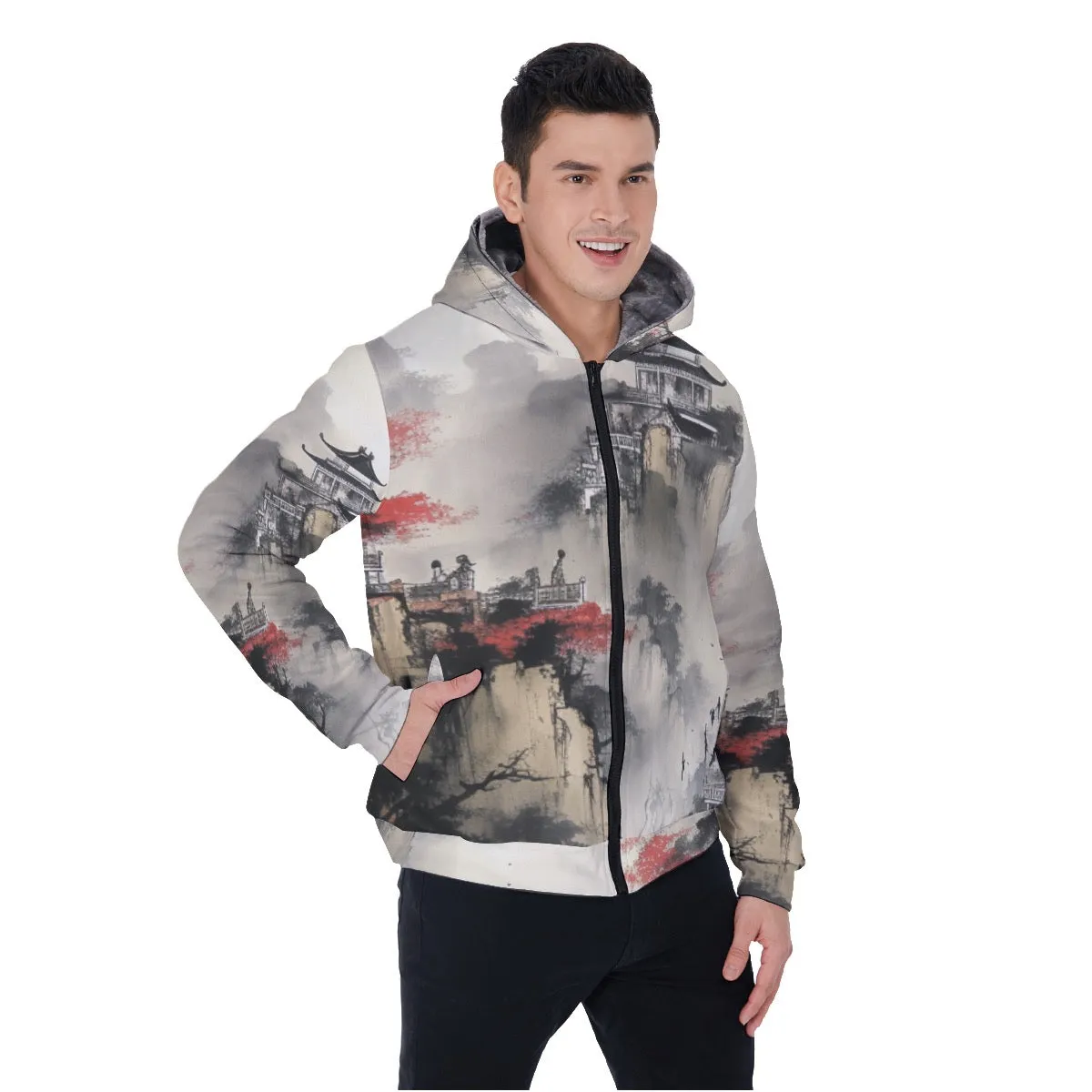 All-Over Print Men's Sherpa Fleece Zip Up Hoodie, Asian theme, print, #25aa5