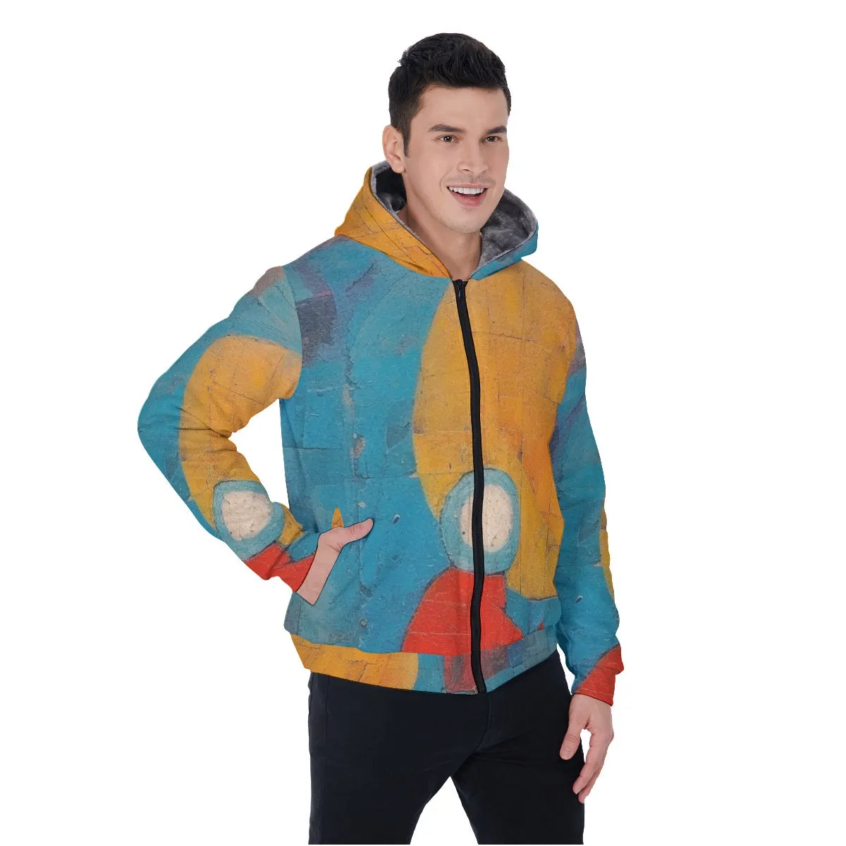 All-Over Print Men's Sherpa Fleece Zip Up Hoodie, blue, yellow, abstract, print, #25i