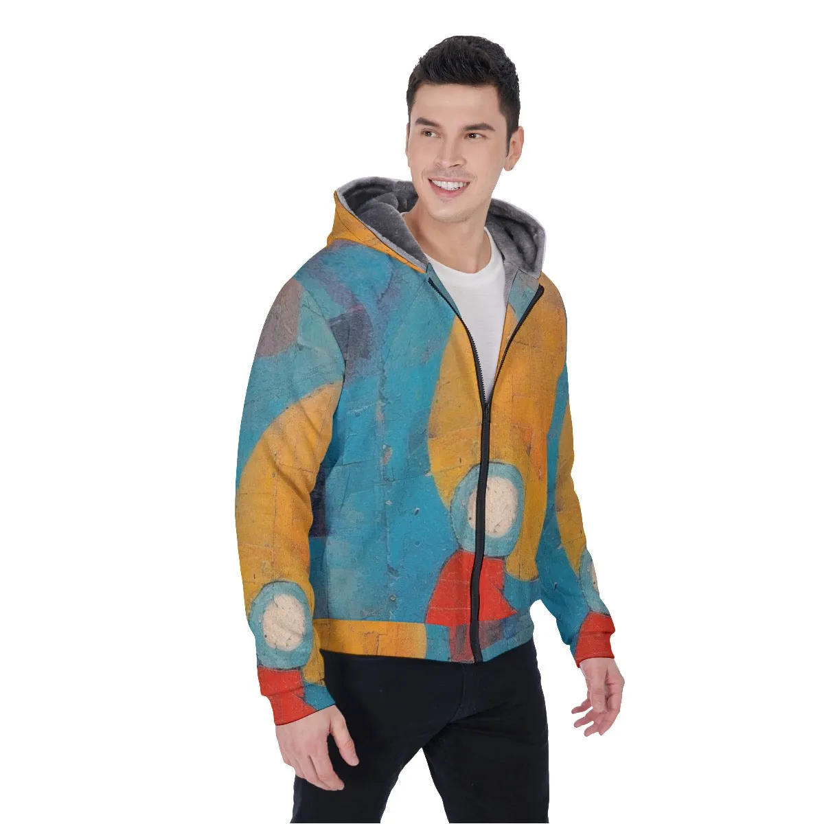 All-Over Print Men's Sherpa Fleece Zip Up Hoodie, blue, yellow, abstract, print, #25i