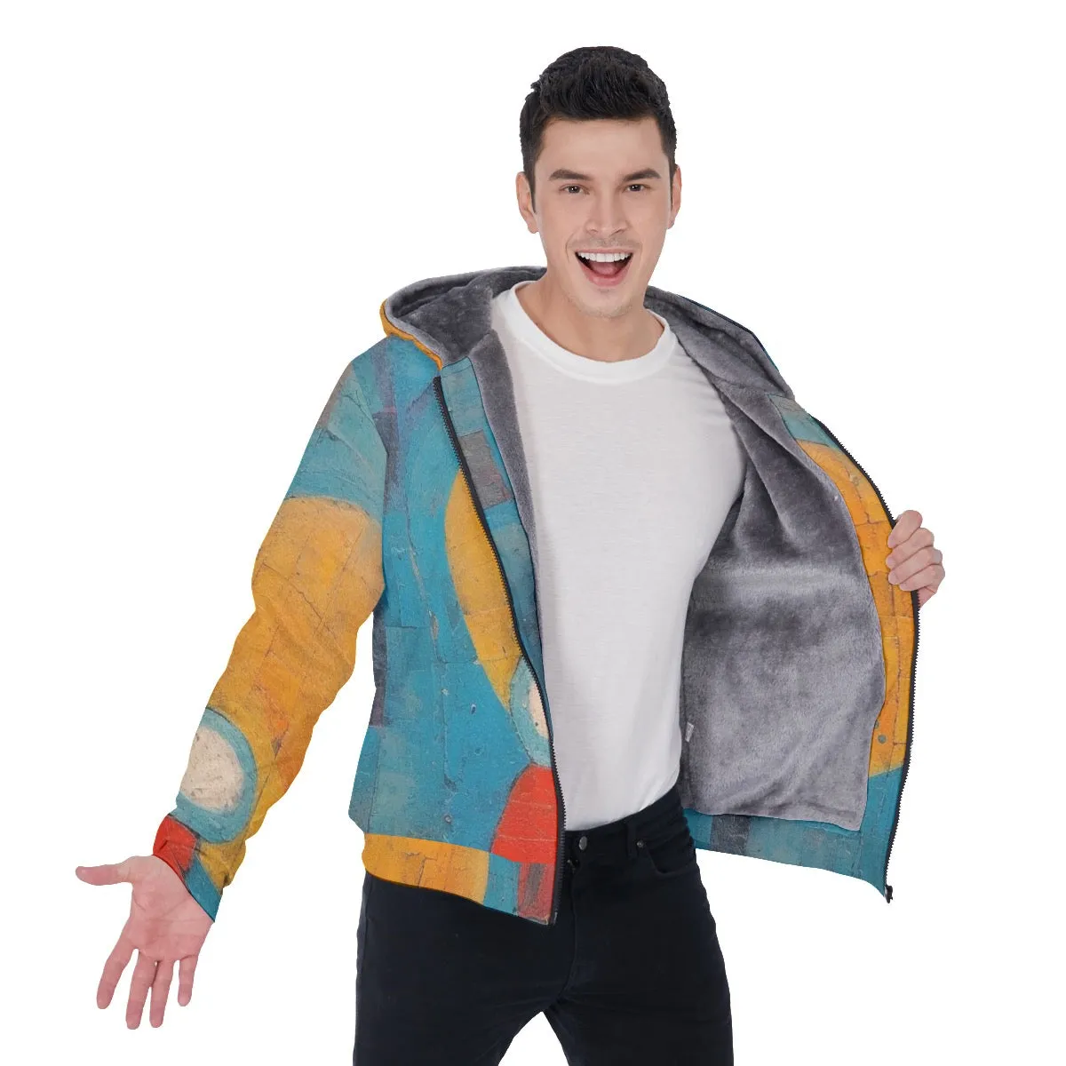 All-Over Print Men's Sherpa Fleece Zip Up Hoodie, blue, yellow, abstract, print, #25i