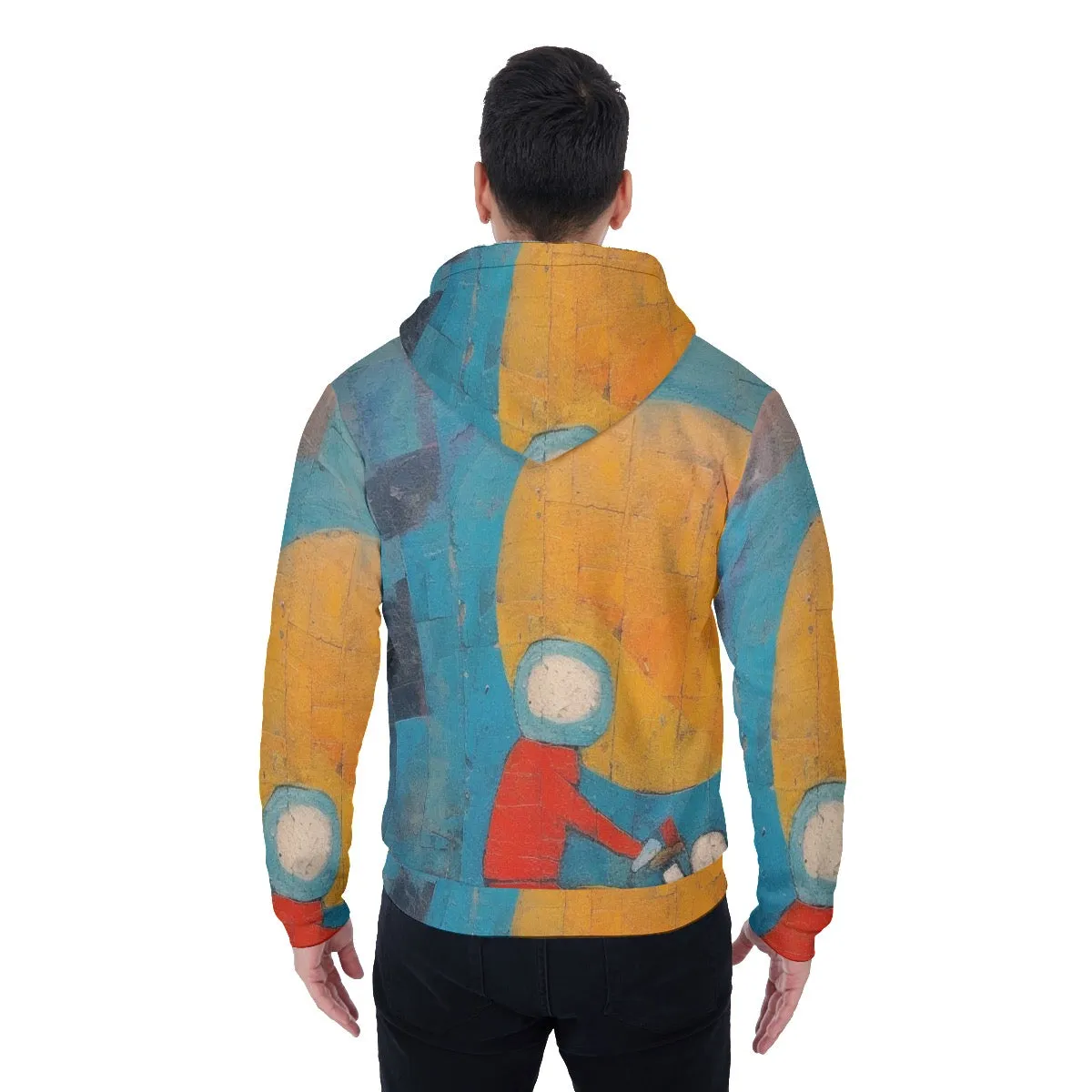 All-Over Print Men's Sherpa Fleece Zip Up Hoodie, blue, yellow, abstract, print, #25i