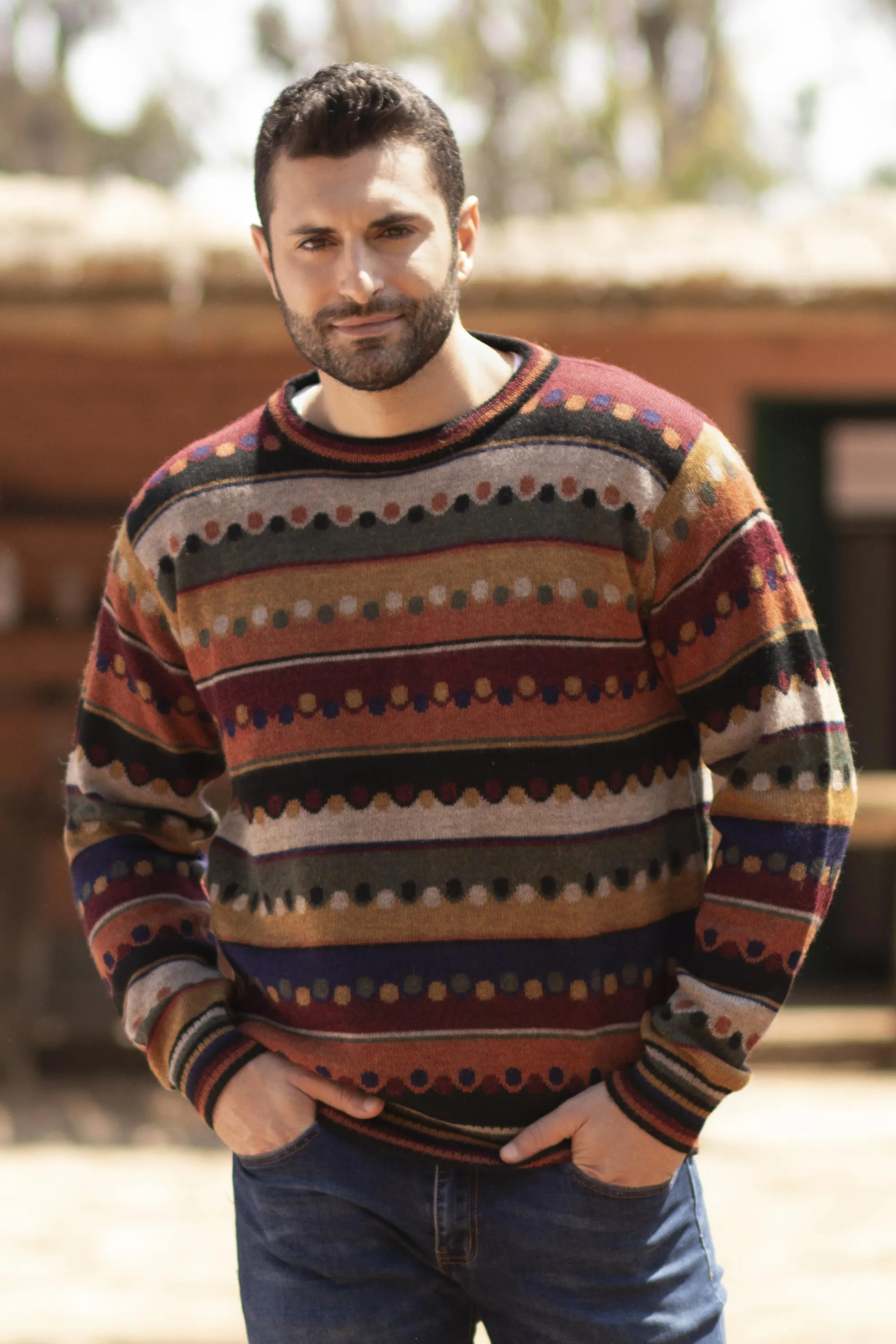 Autumnal Andes Men's Striped 100% Alpaca Pullover Sweater from Peru