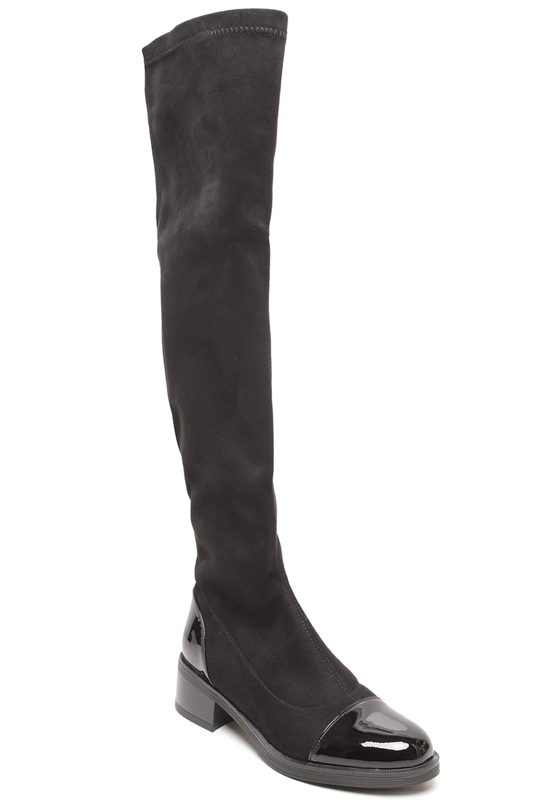 Black Over-the-Knee Boots with Patent Toe - Elegant & Comfortable