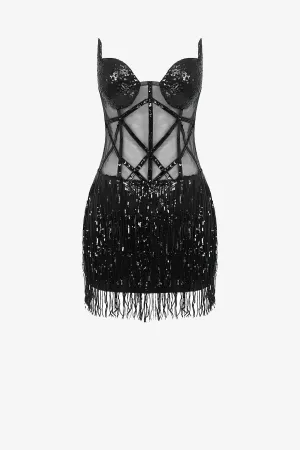 Black Sequin Fringe Mesh Corset Dress