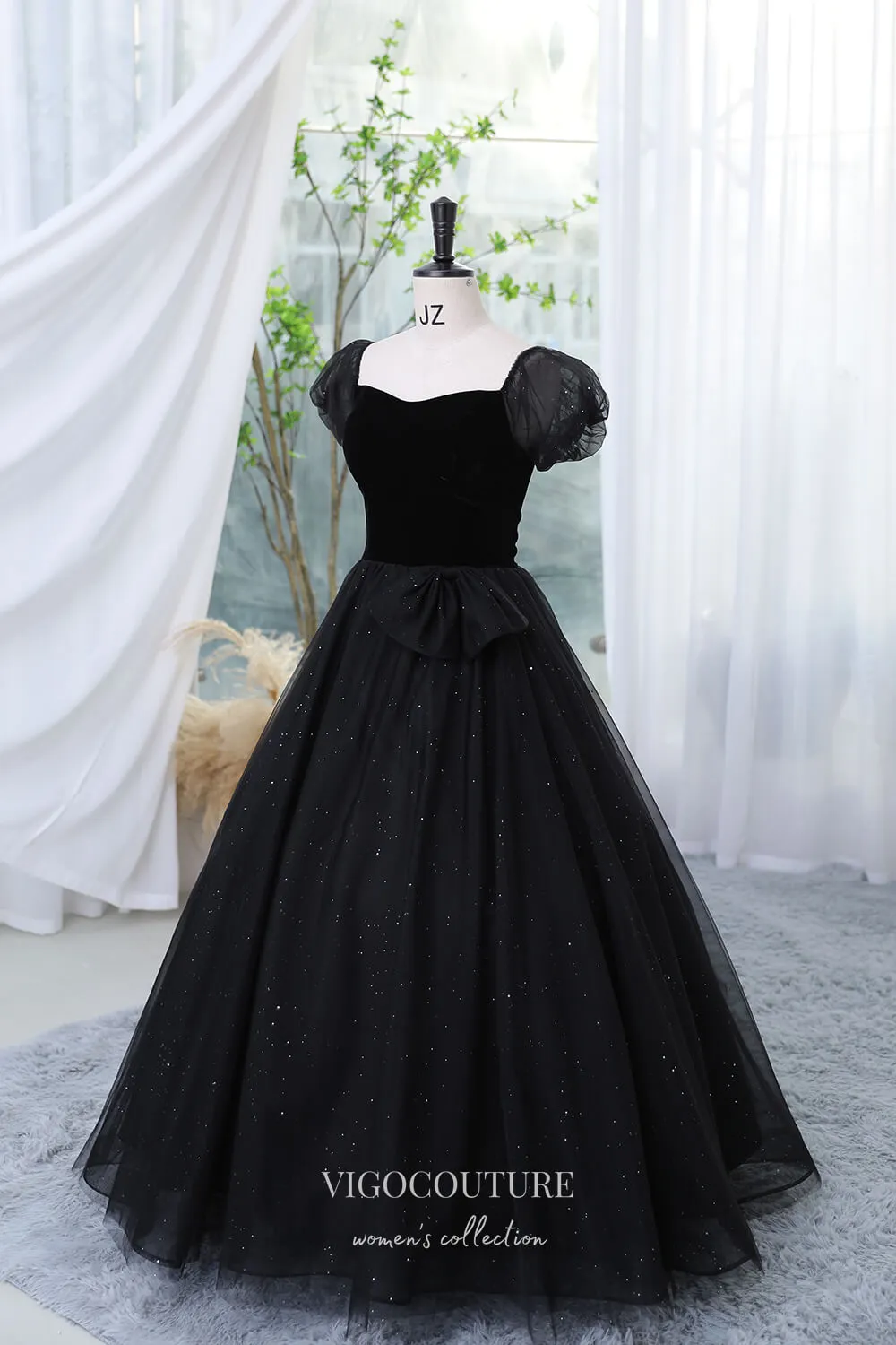 Black Sparkly Prom Dress with Puffed Sleeve 22290