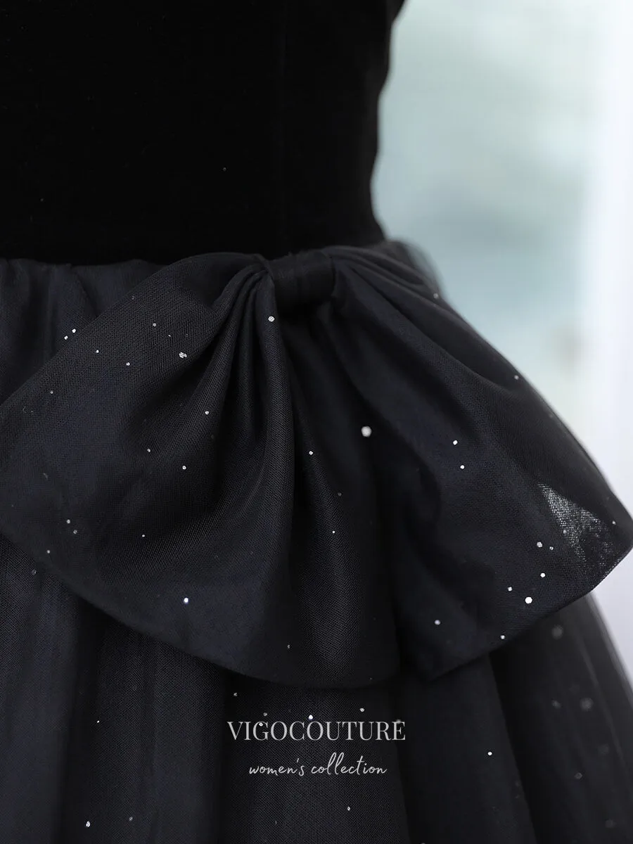 Black Sparkly Prom Dress with Puffed Sleeve 22290