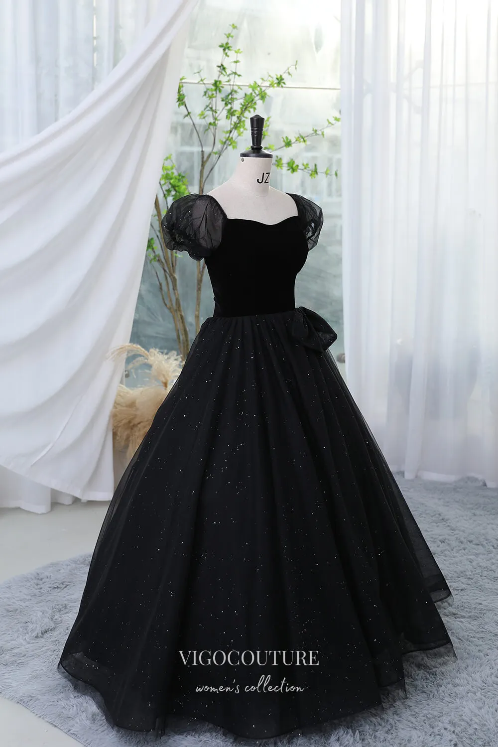 Black Sparkly Prom Dress with Puffed Sleeve 22290