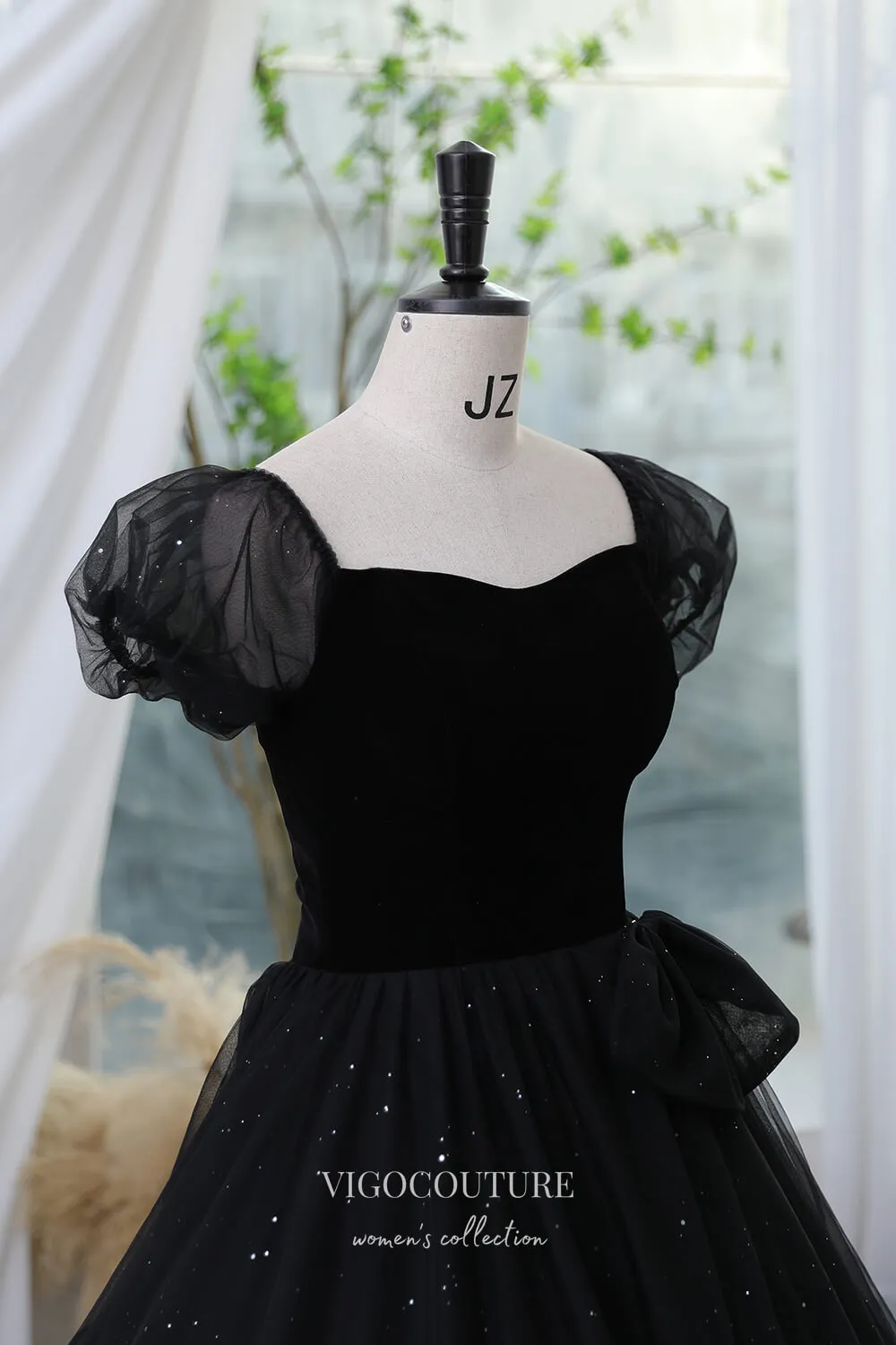 Black Sparkly Prom Dress with Puffed Sleeve 22290