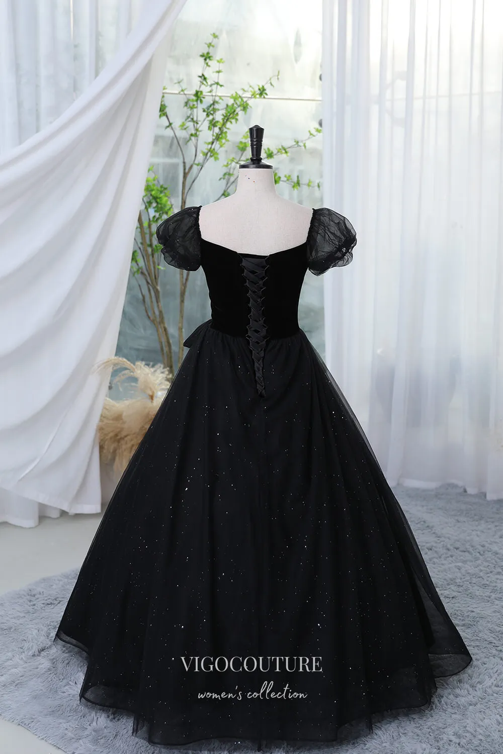 Black Sparkly Prom Dress with Puffed Sleeve 22290