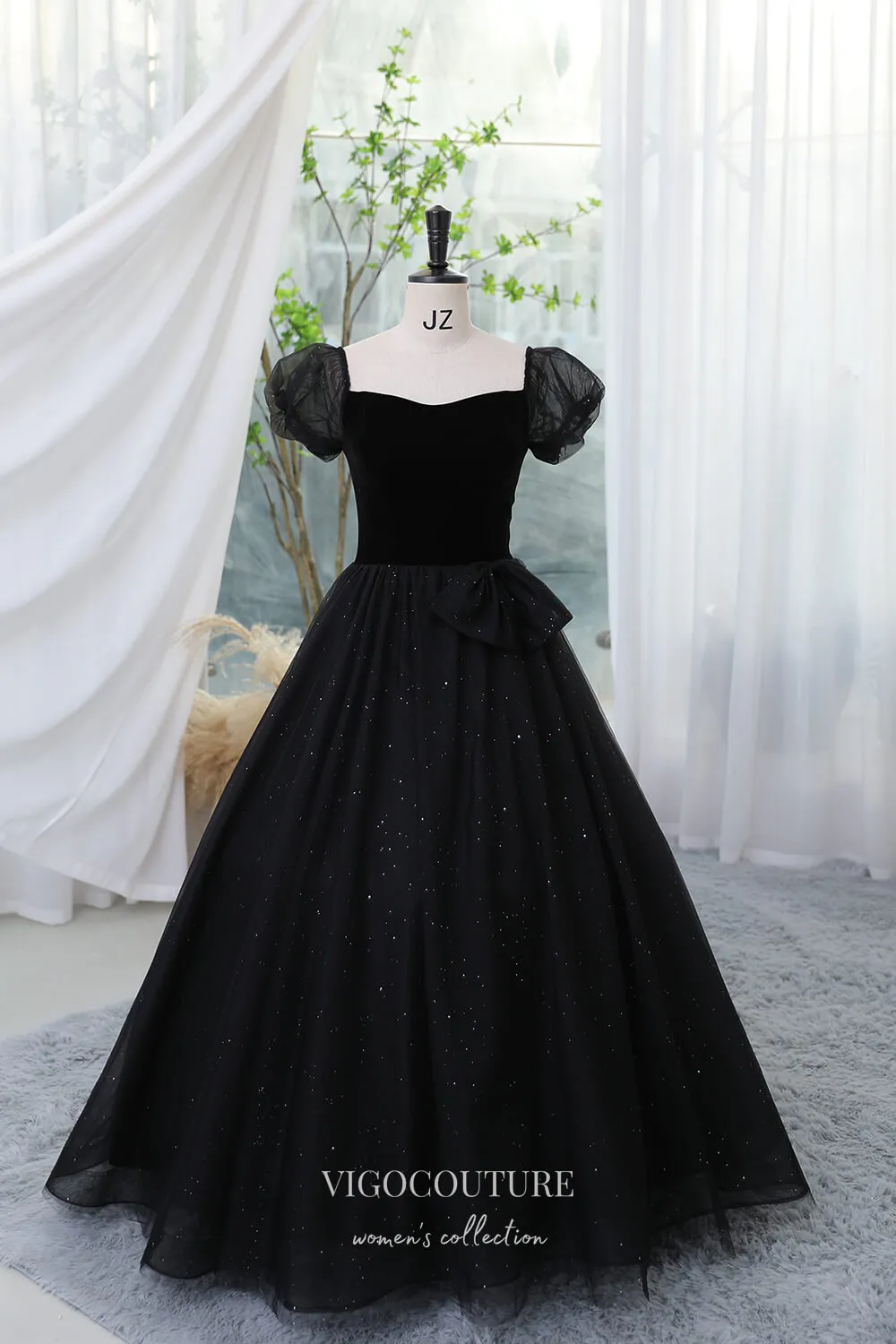 Black Sparkly Prom Dress with Puffed Sleeve 22290