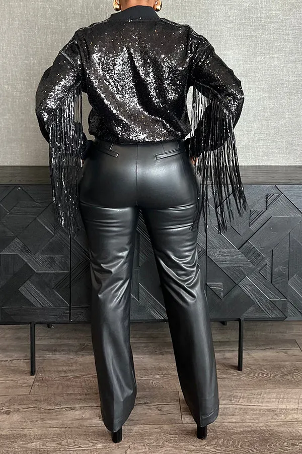 Casual Baseball Collar Fringe Sequin Jacket