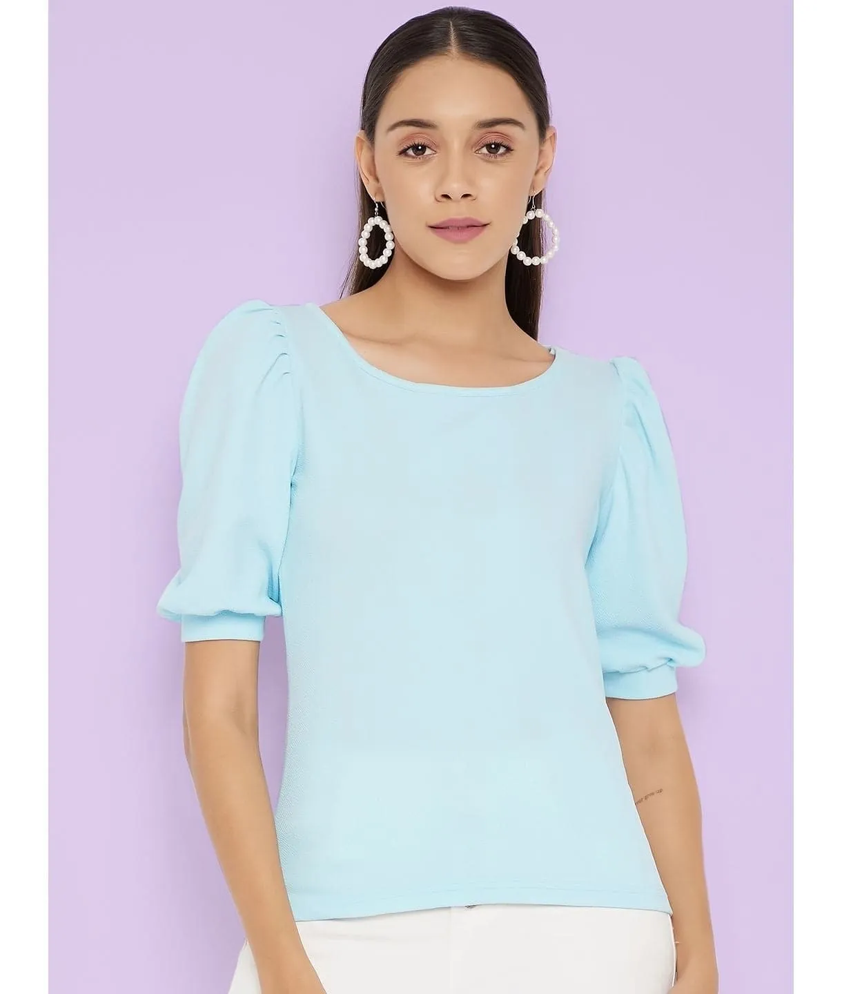 Cotton Stretchable Round Neck Puff Sleeve Top