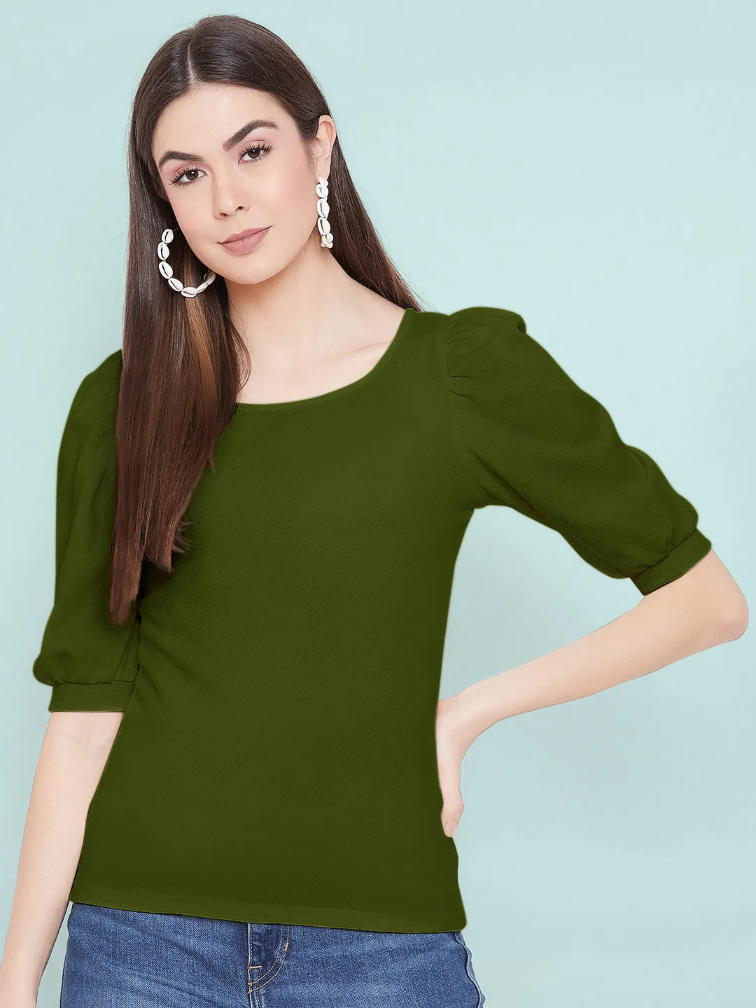 Cotton Stretchable Round Neck Puff Sleeve Top