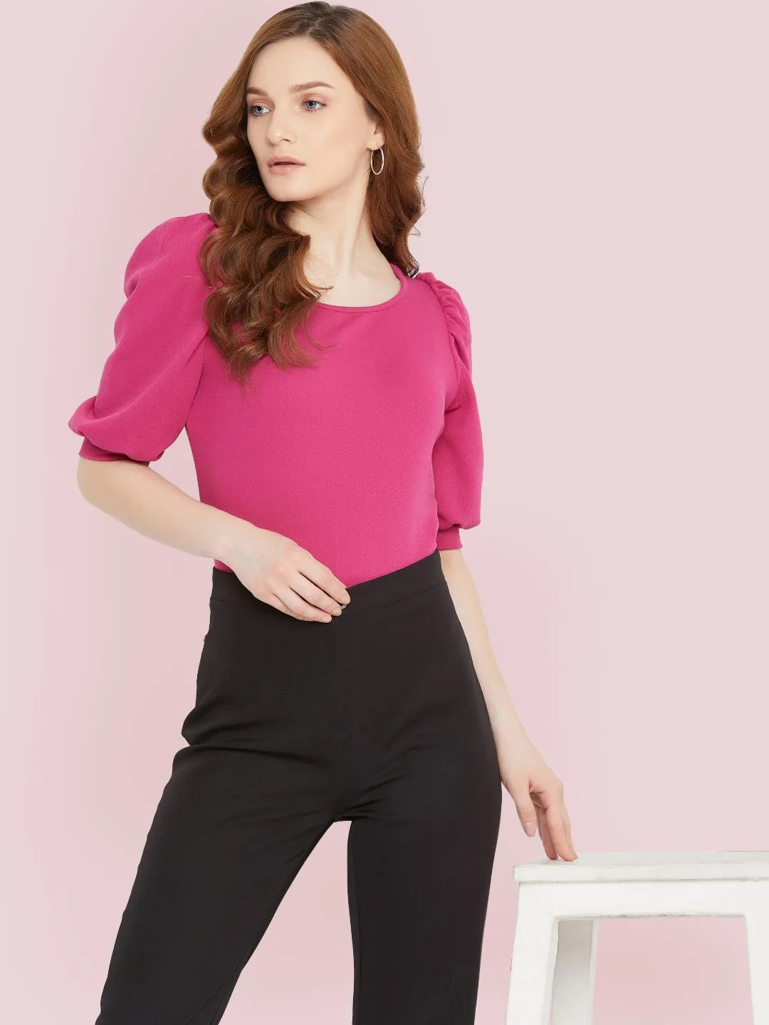 Cotton Stretchable Round Neck Puff Sleeve Top