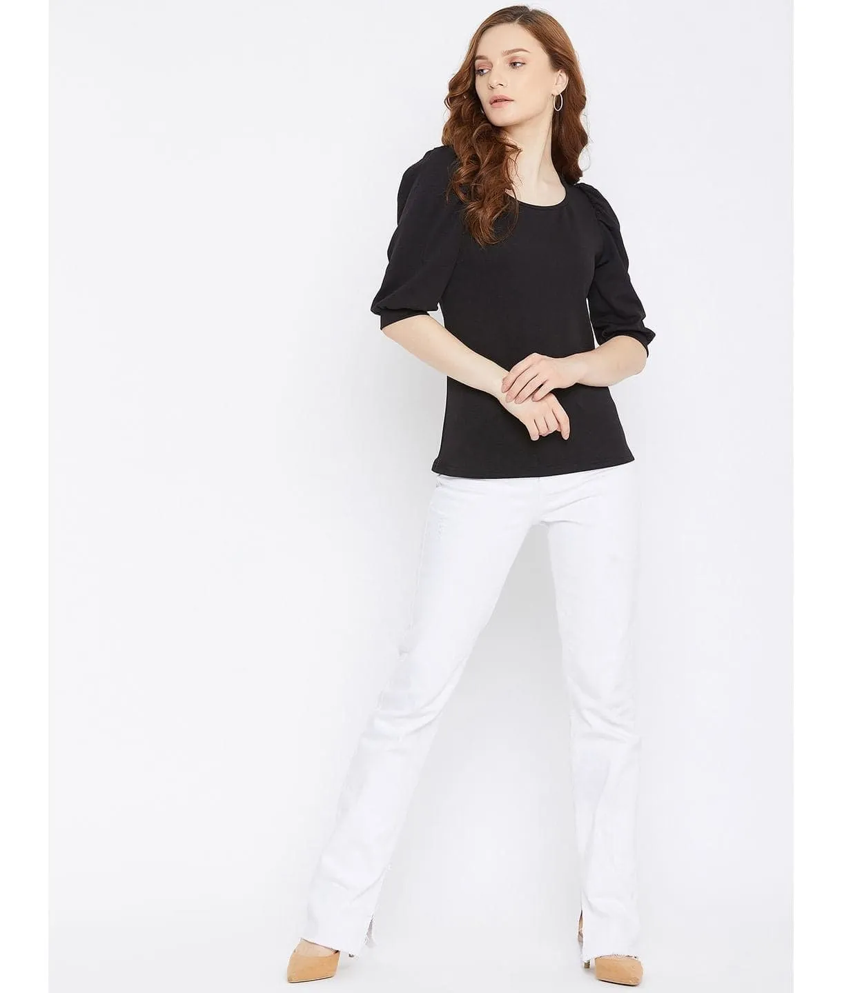 Cotton Stretchable Round Neck Puff Sleeve Top