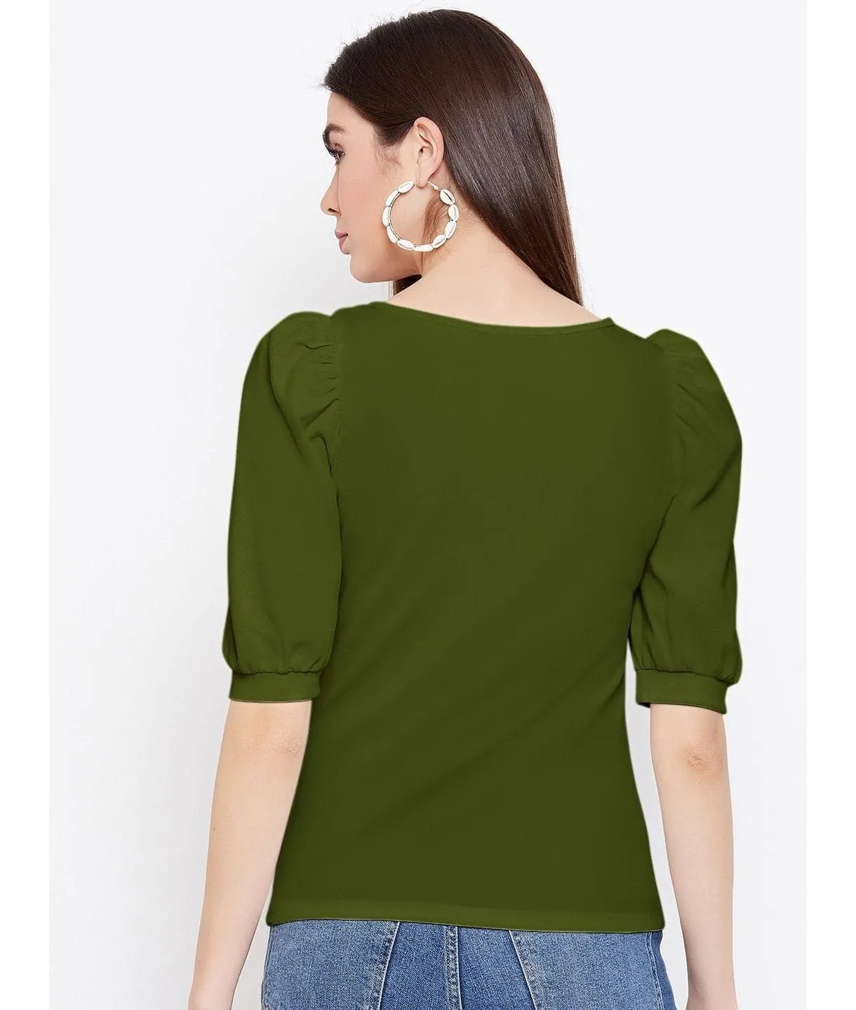 Cotton Stretchable Round Neck Puff Sleeve Top