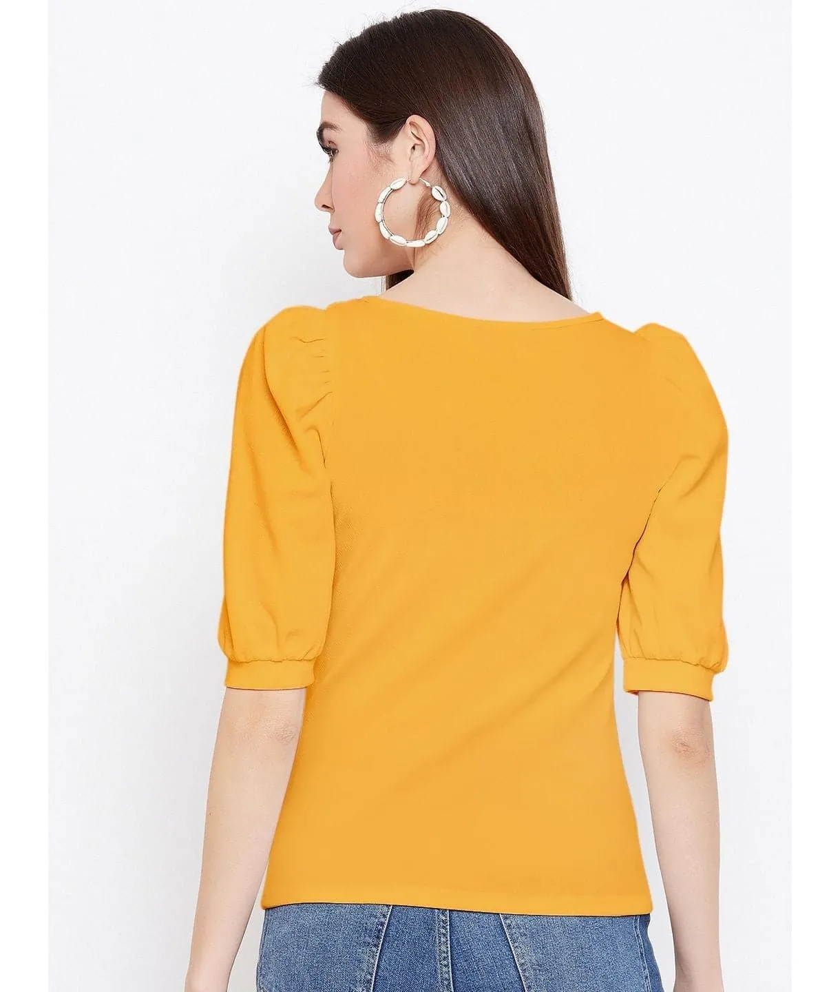 Cotton Stretchable Round Neck Puff Sleeve Top