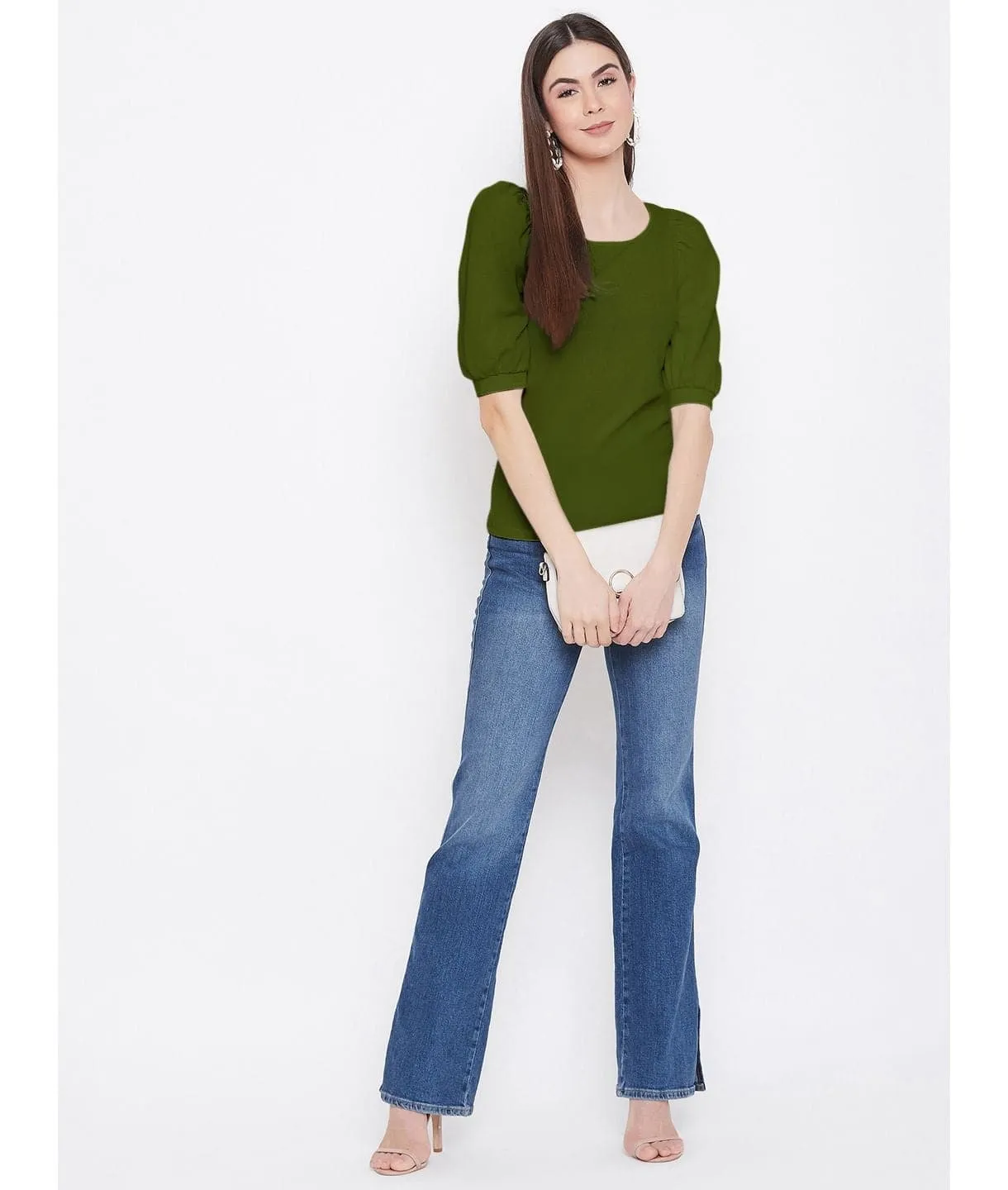 Cotton Stretchable Round Neck Puff Sleeve Top