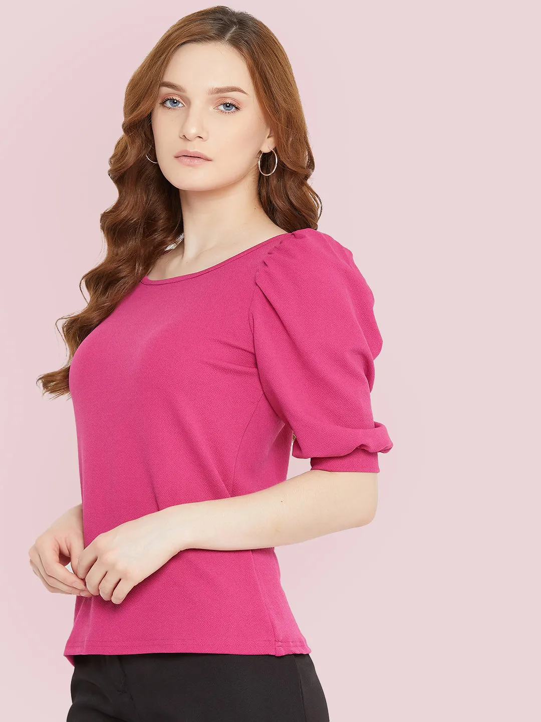 Cotton Stretchable Round Neck Puff Sleeve Top