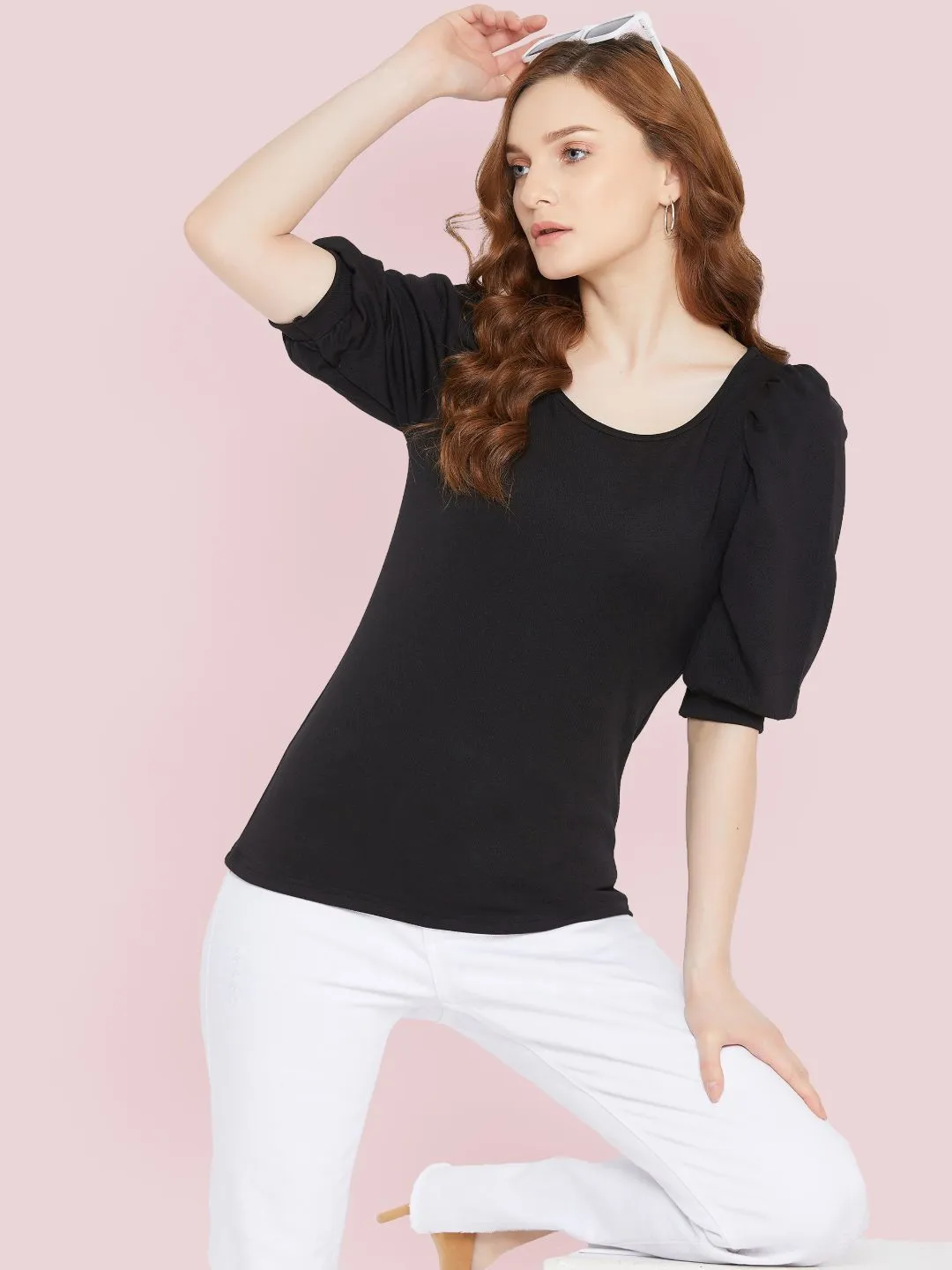 Cotton Stretchable Round Neck Puff Sleeve Top