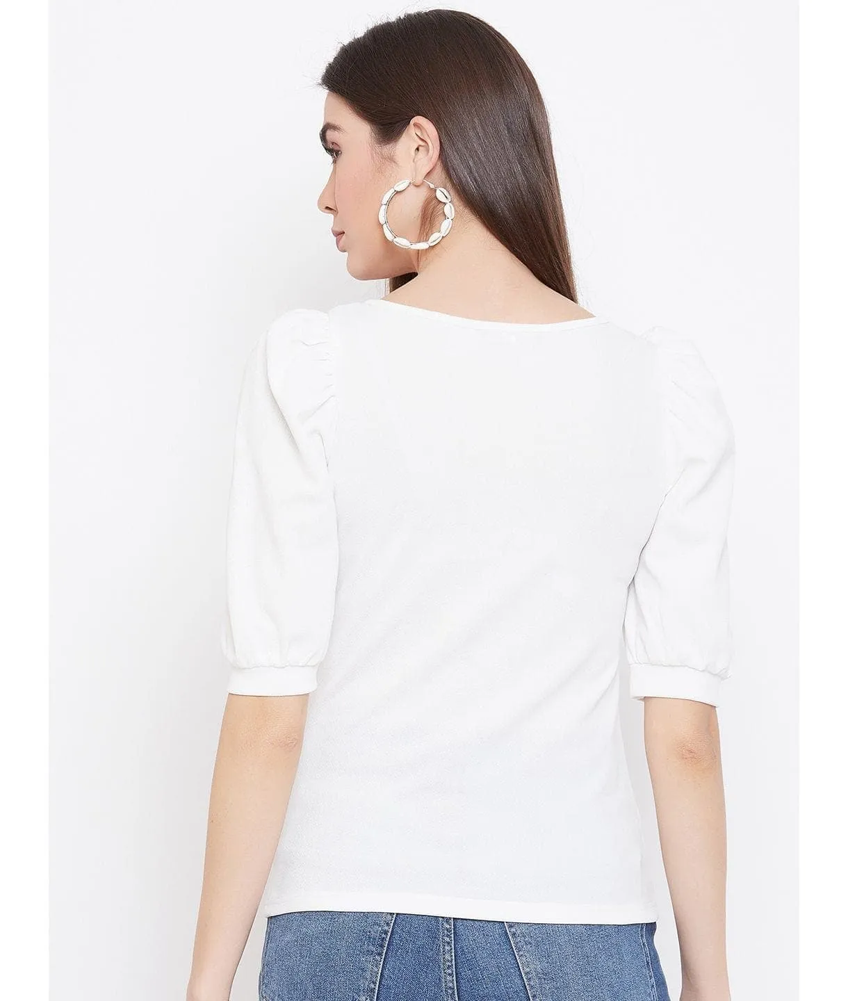 Cotton Stretchable Round Neck Puff Sleeve Top