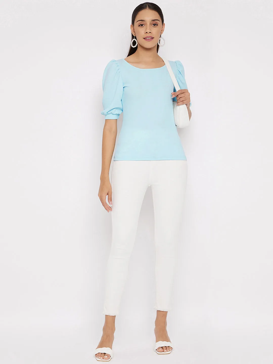 Cotton Stretchable Round Neck Puff Sleeve Top