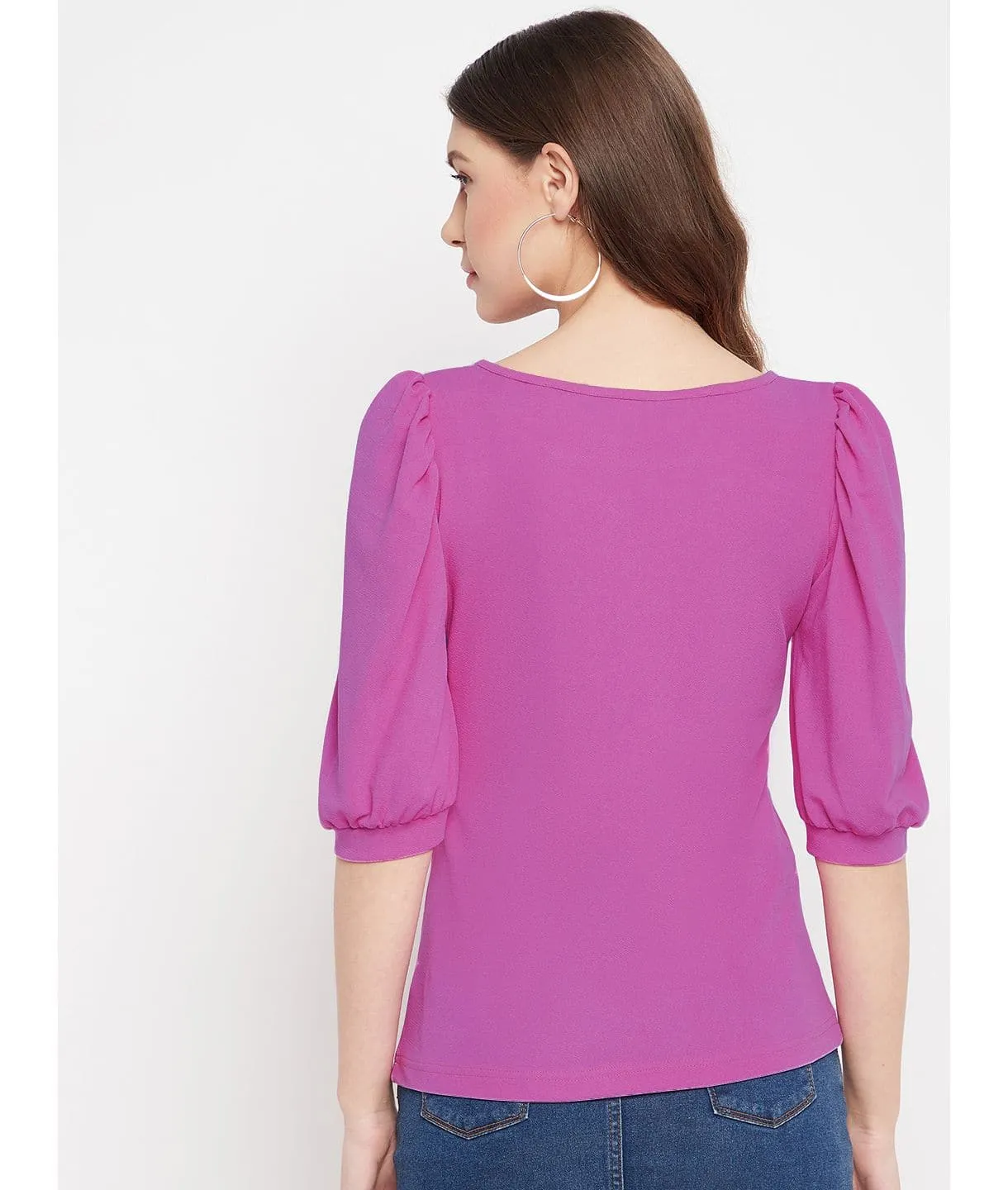 Cotton Stretchable Round Neck Puff Sleeve Top