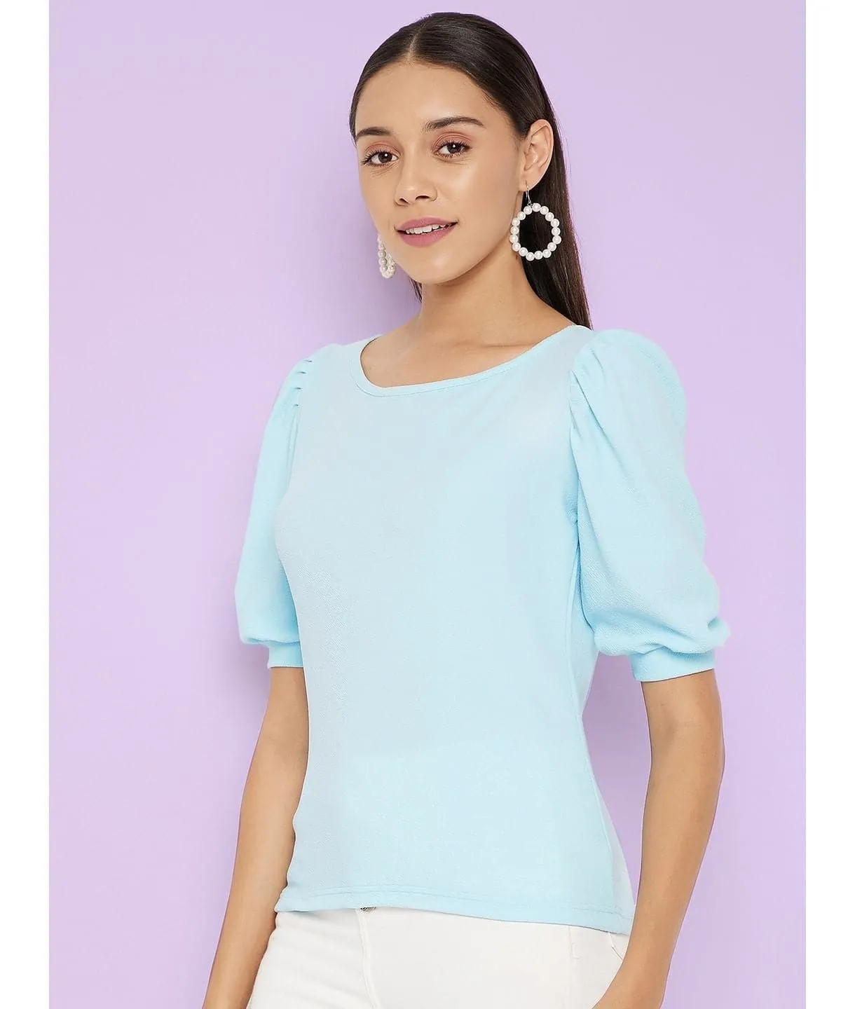 Cotton Stretchable Round Neck Puff Sleeve Top