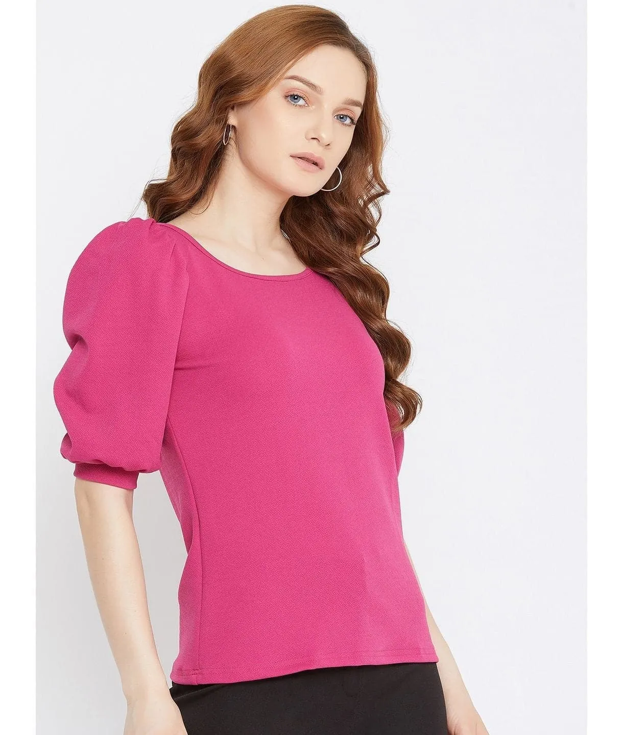 Cotton Stretchable Round Neck Puff Sleeve Top