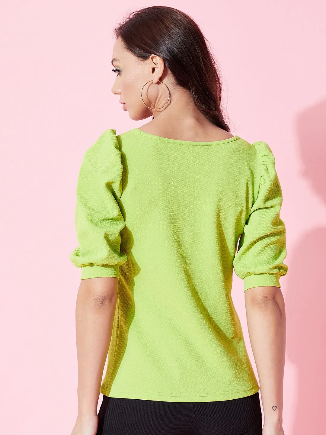 Cotton Stretchable Round Neck Puff Sleeve Top