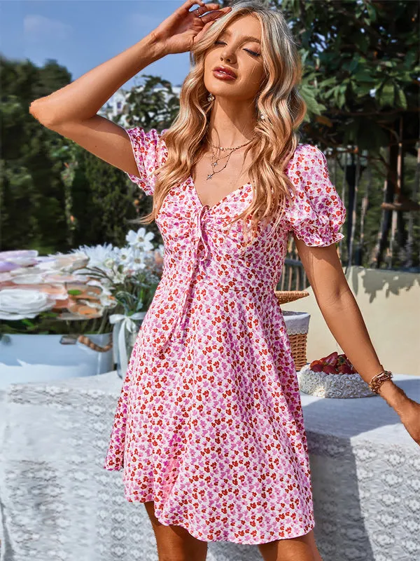 Crossed Tie Puff Sleeves Printed Dress