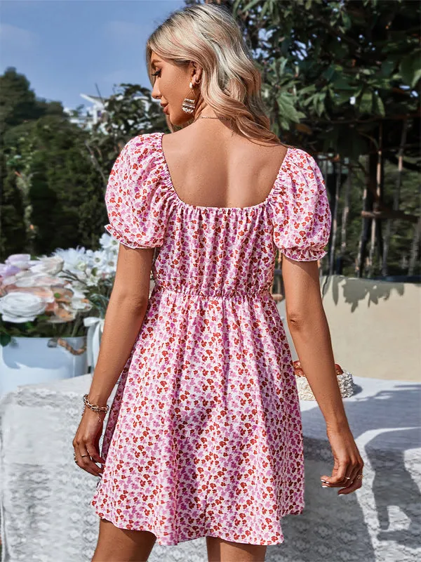 Crossed Tie Puff Sleeves Printed Dress