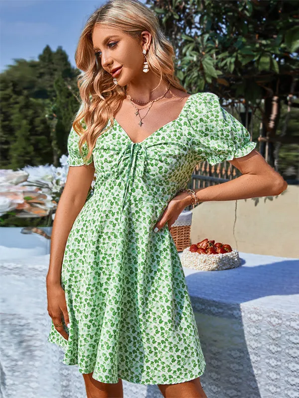 Crossed Tie Puff Sleeves Printed Dress