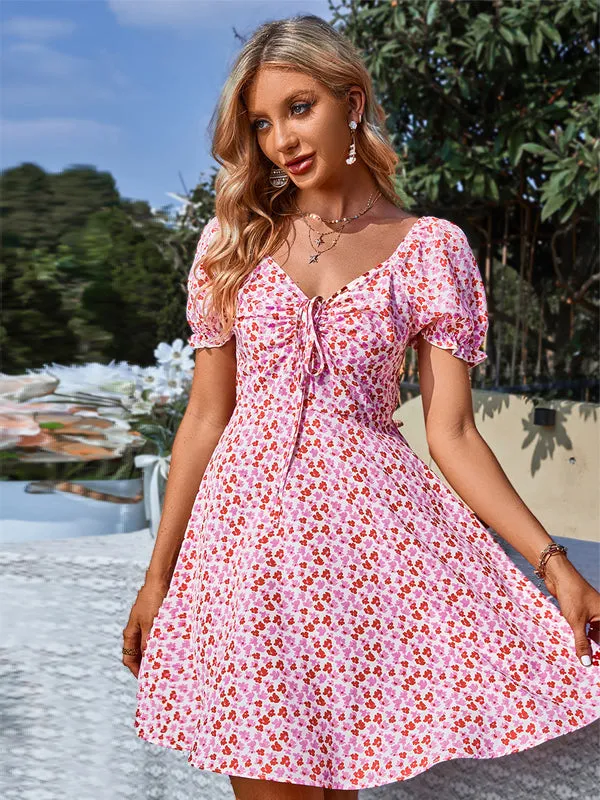 Crossed Tie Puff Sleeves Printed Dress