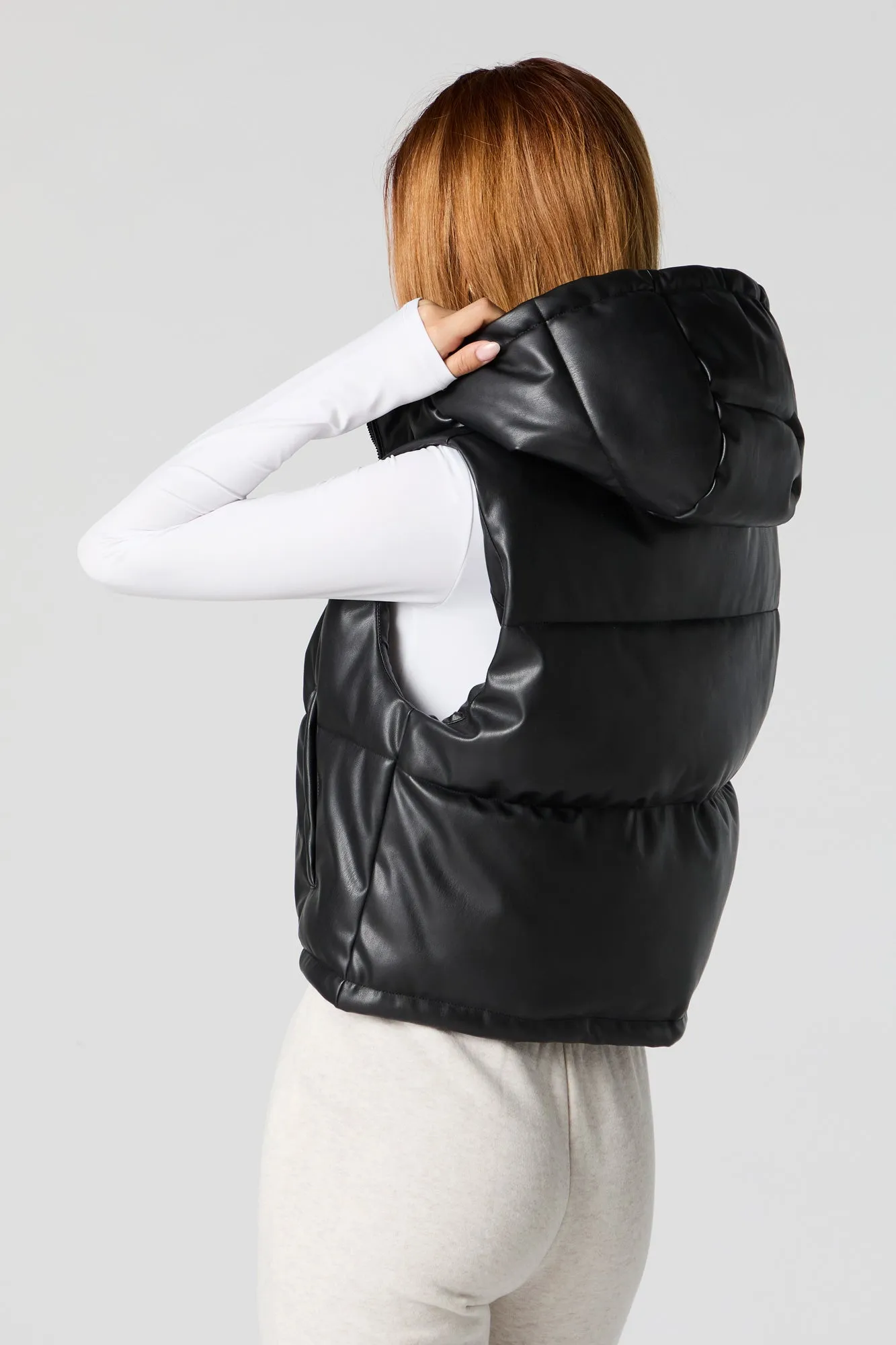 Faux Leather Hooded Puffer Vest