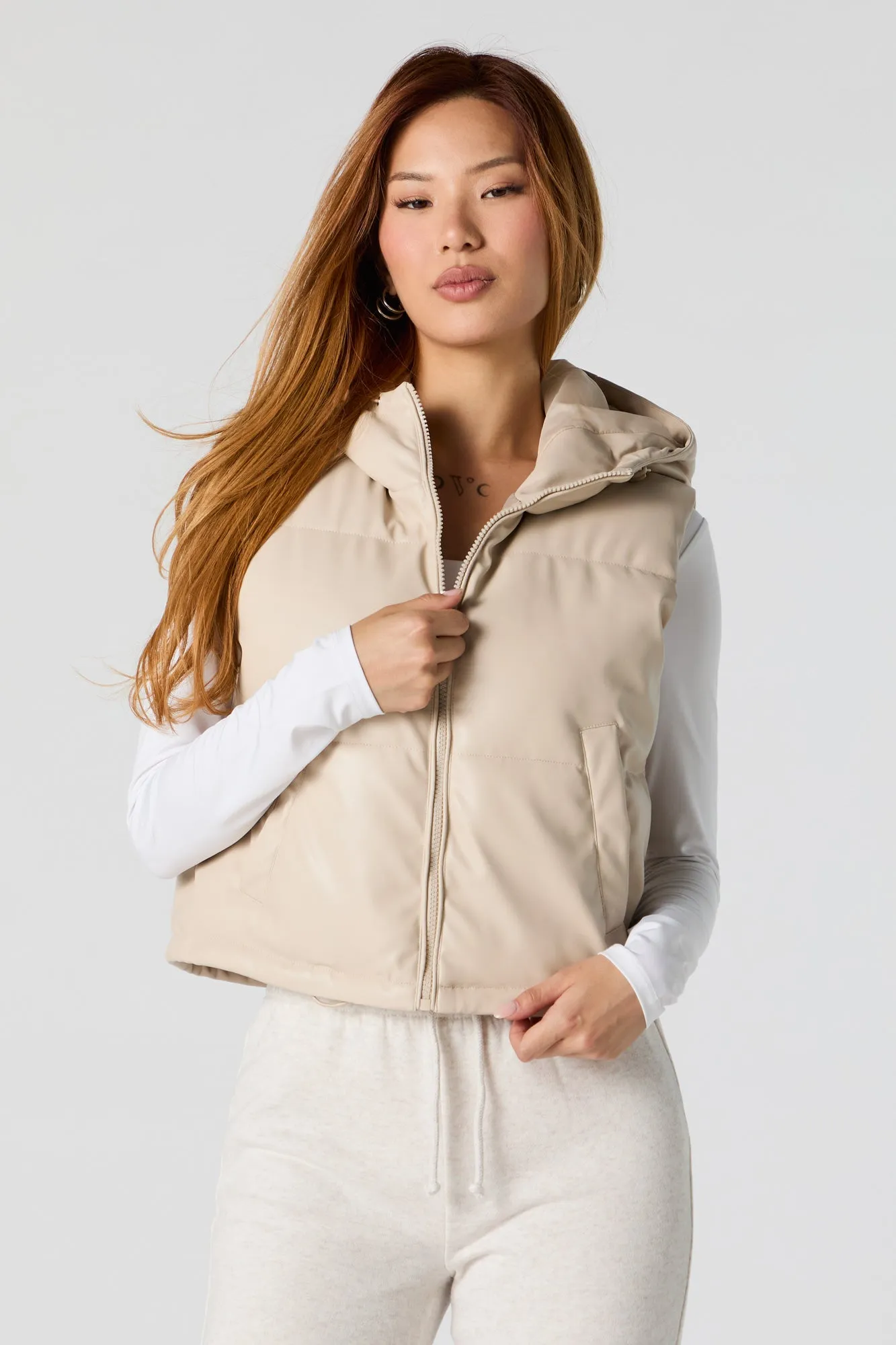 Faux Leather Hooded Puffer Vest