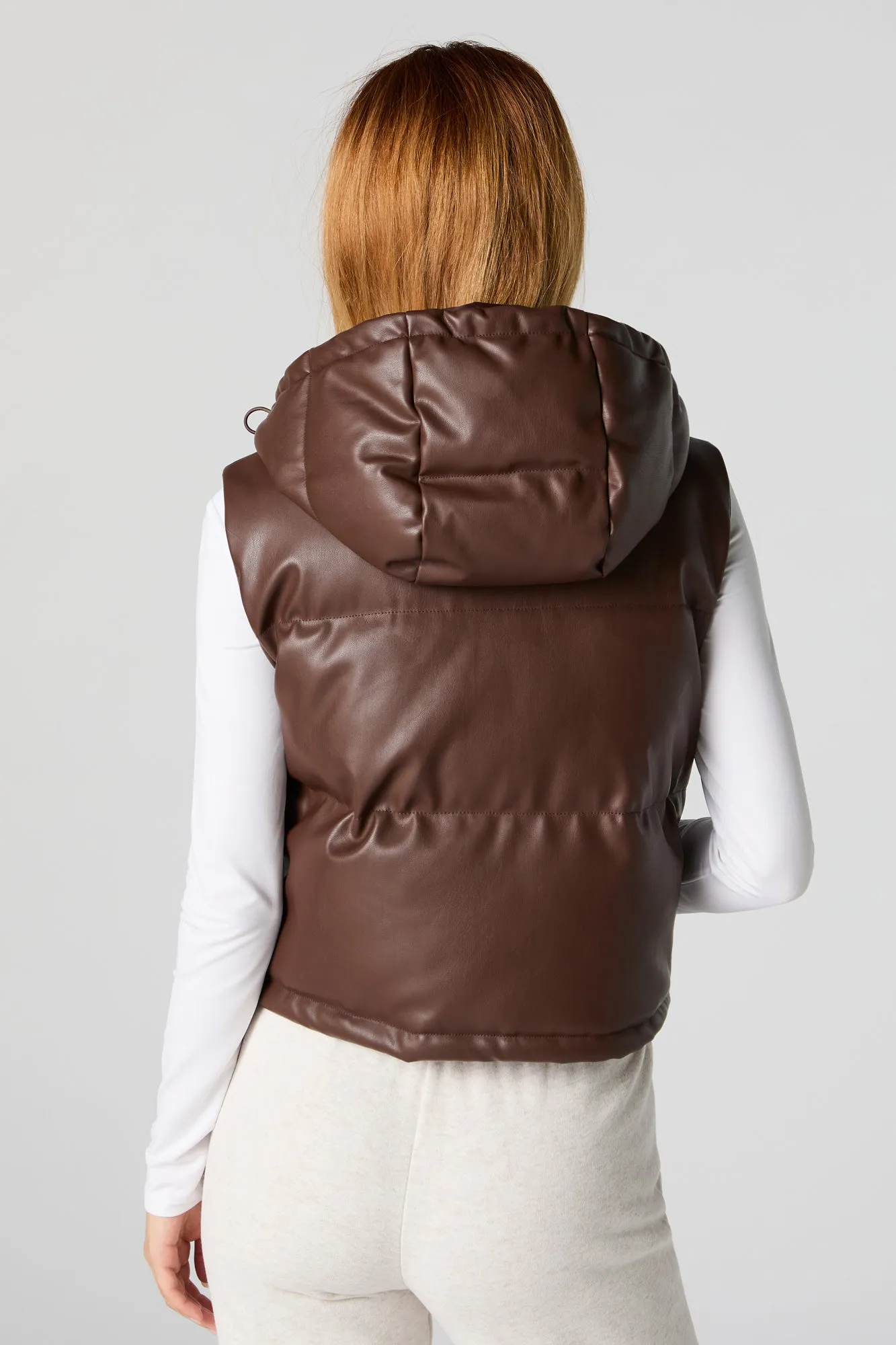 Faux Leather Hooded Puffer Vest