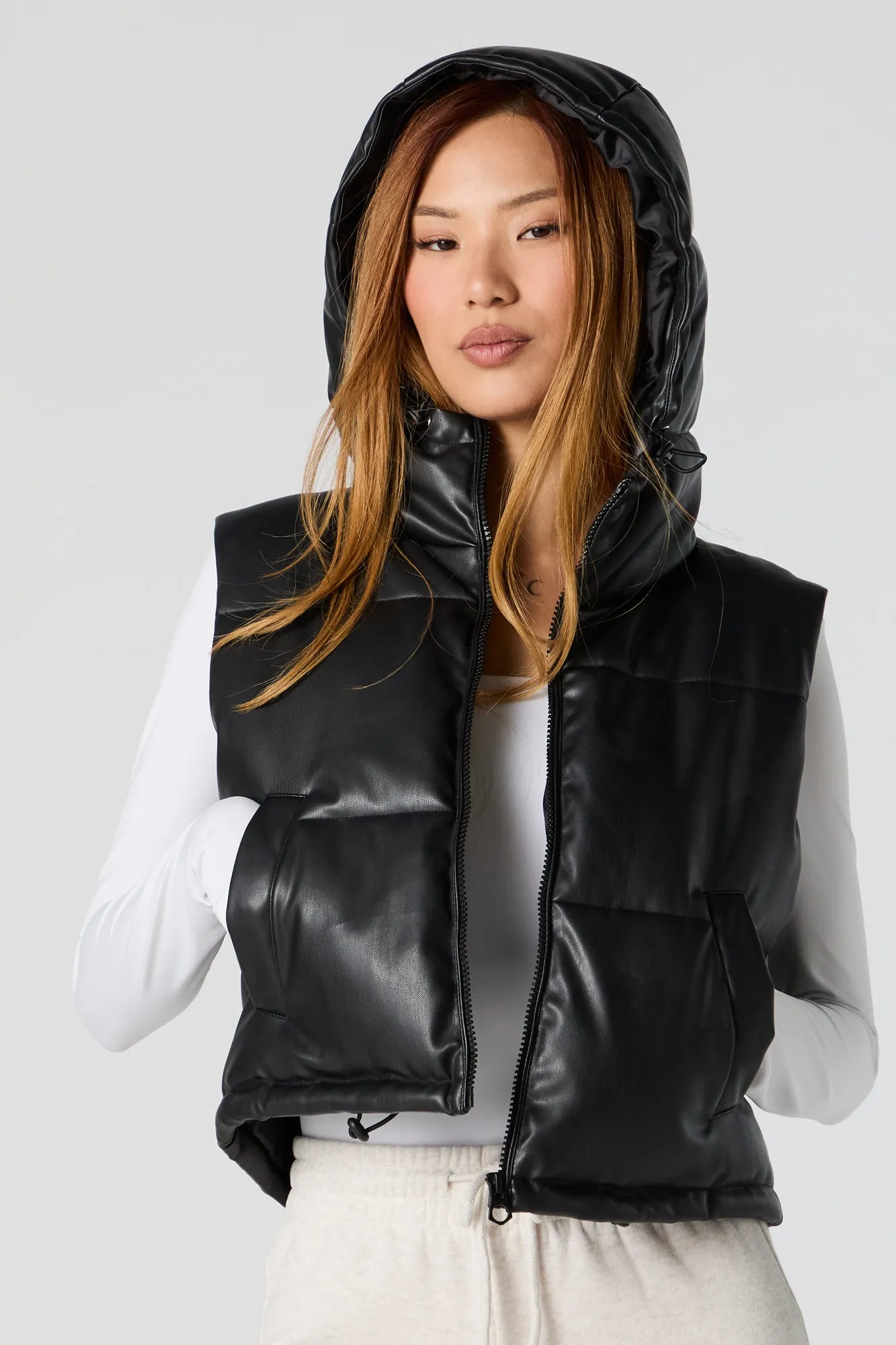 Faux Leather Hooded Puffer Vest