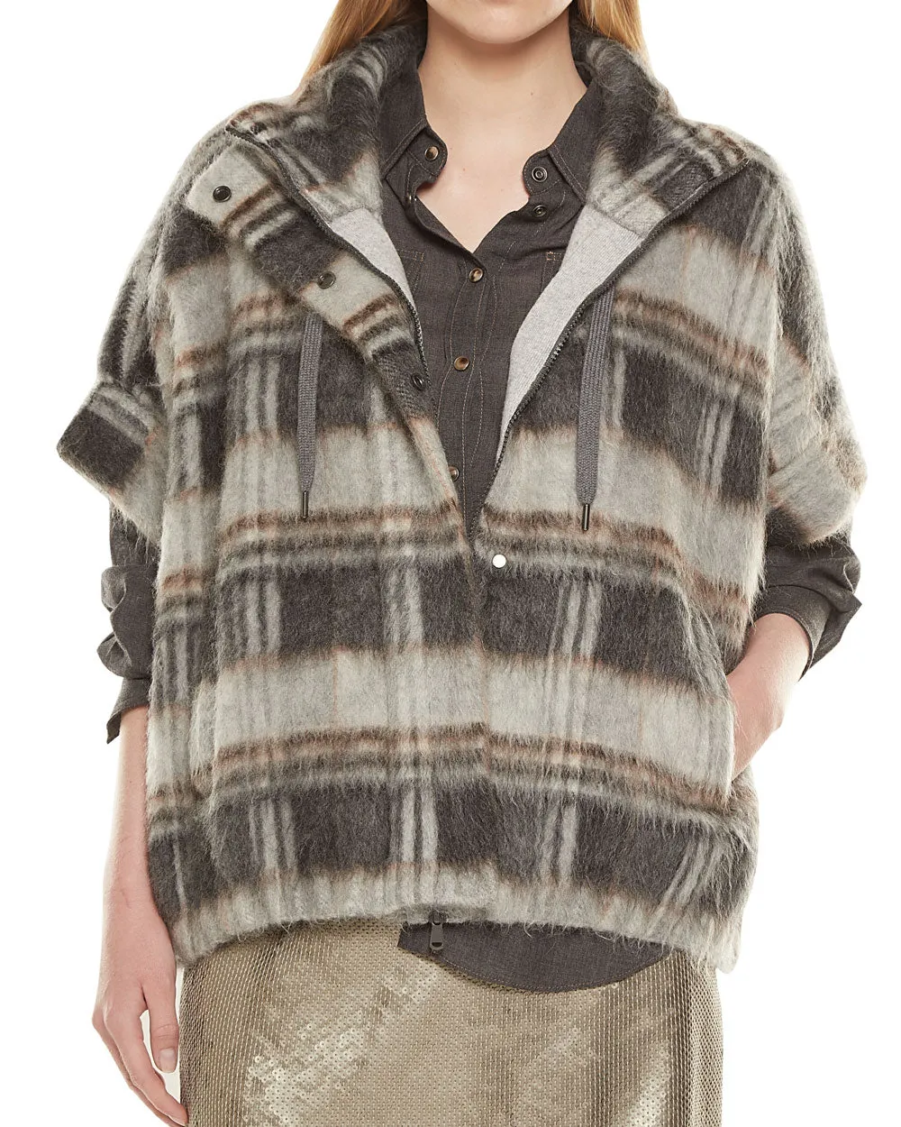 Grey Printed Mohair Check Short Sleeve Jacket