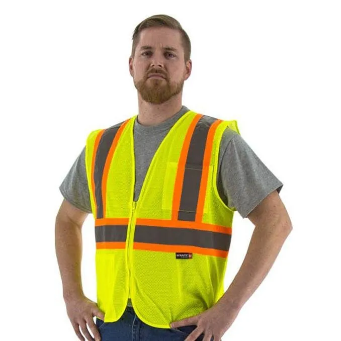 High Visibility Yellow Mesh Safety Vest (PK 5 Vests) - ANSI 2, DOT Striping, Zipper Close