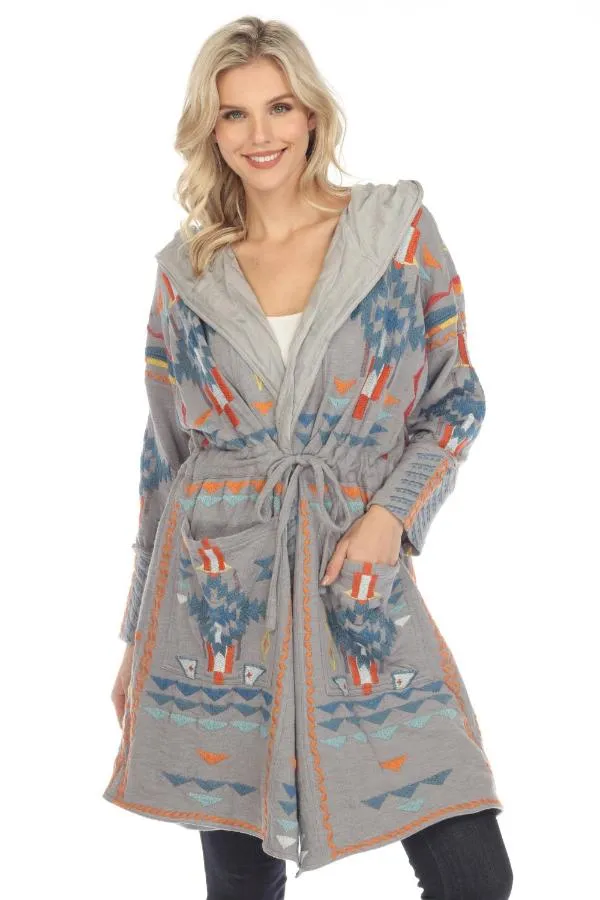 Johnny Was Biya Grey Chromata Silk-Lined Embroidered Hooded Jacket Boho Chic B52223