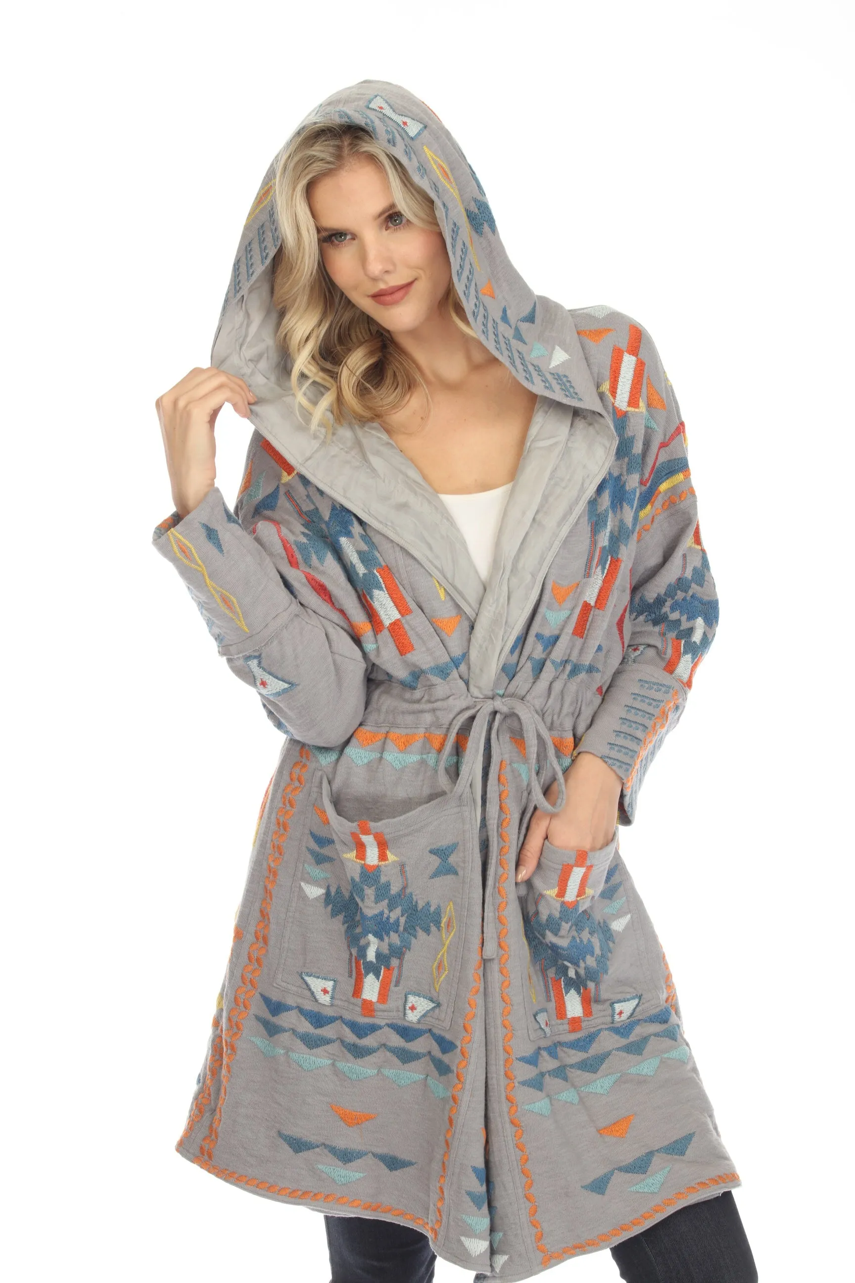 Johnny Was Biya Grey Chromata Silk-Lined Embroidered Hooded Jacket Boho Chic B52223