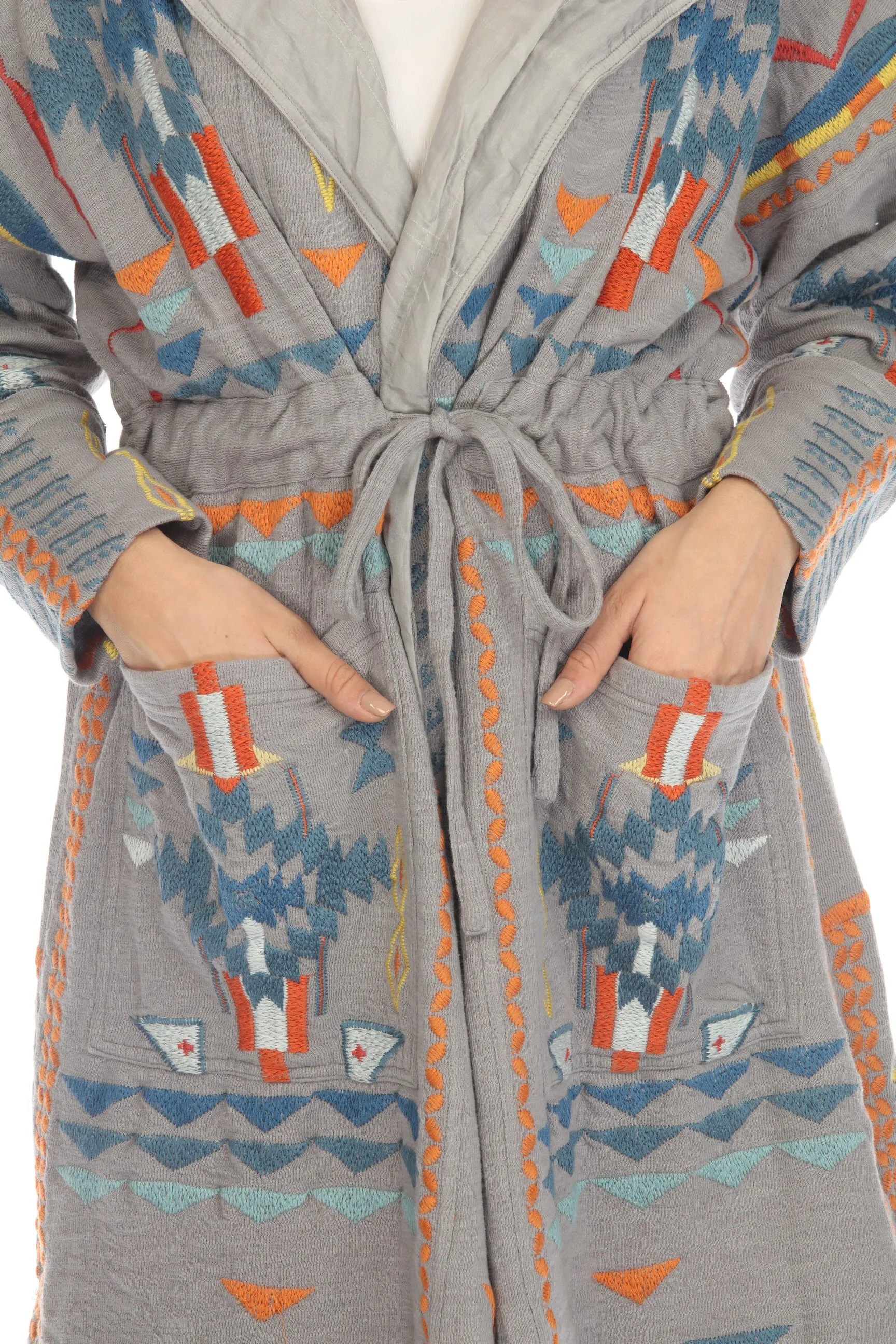 Johnny Was Biya Grey Chromata Silk-Lined Embroidered Hooded Jacket Boho Chic B52223