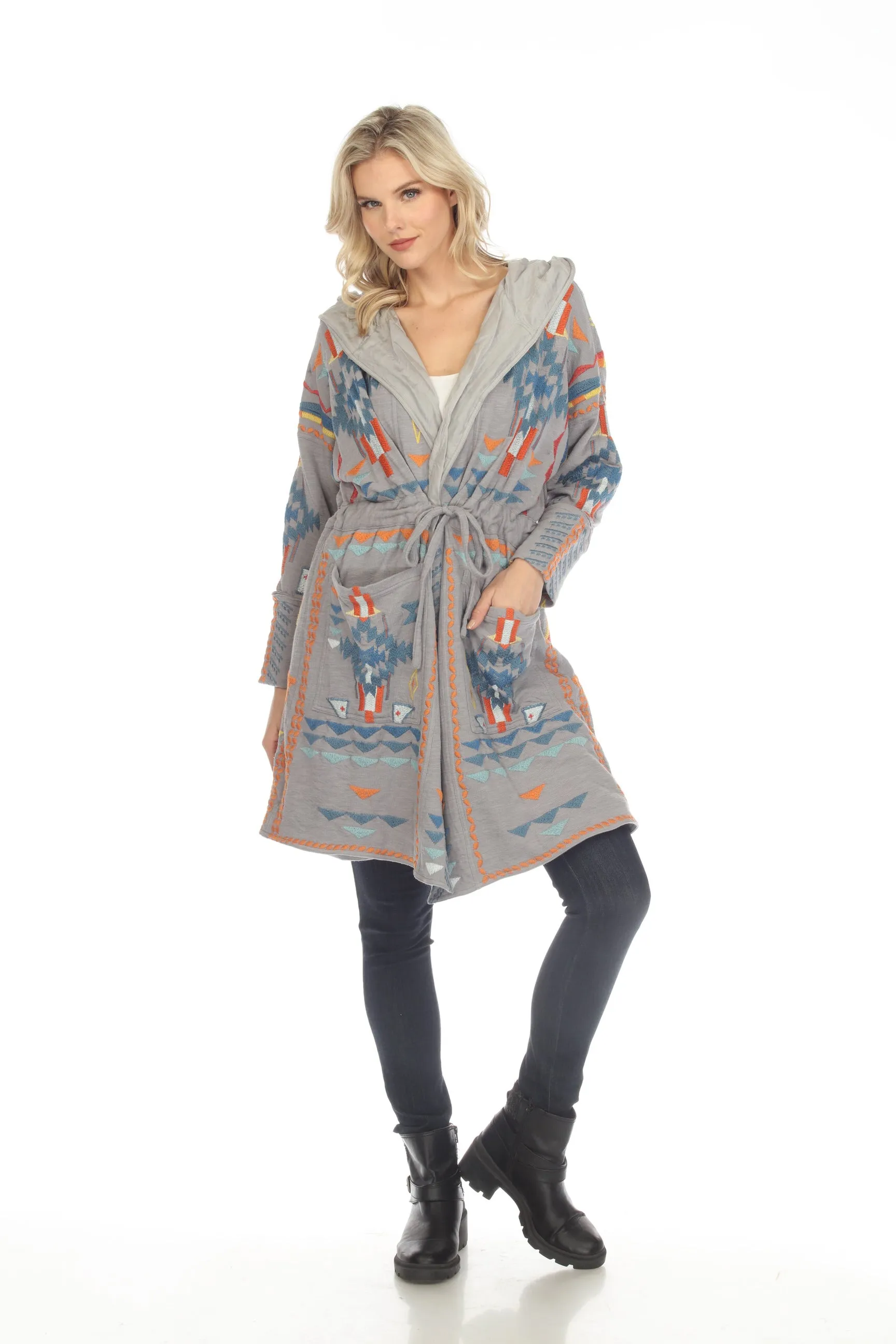 Johnny Was Biya Grey Chromata Silk-Lined Embroidered Hooded Jacket Boho Chic B52223