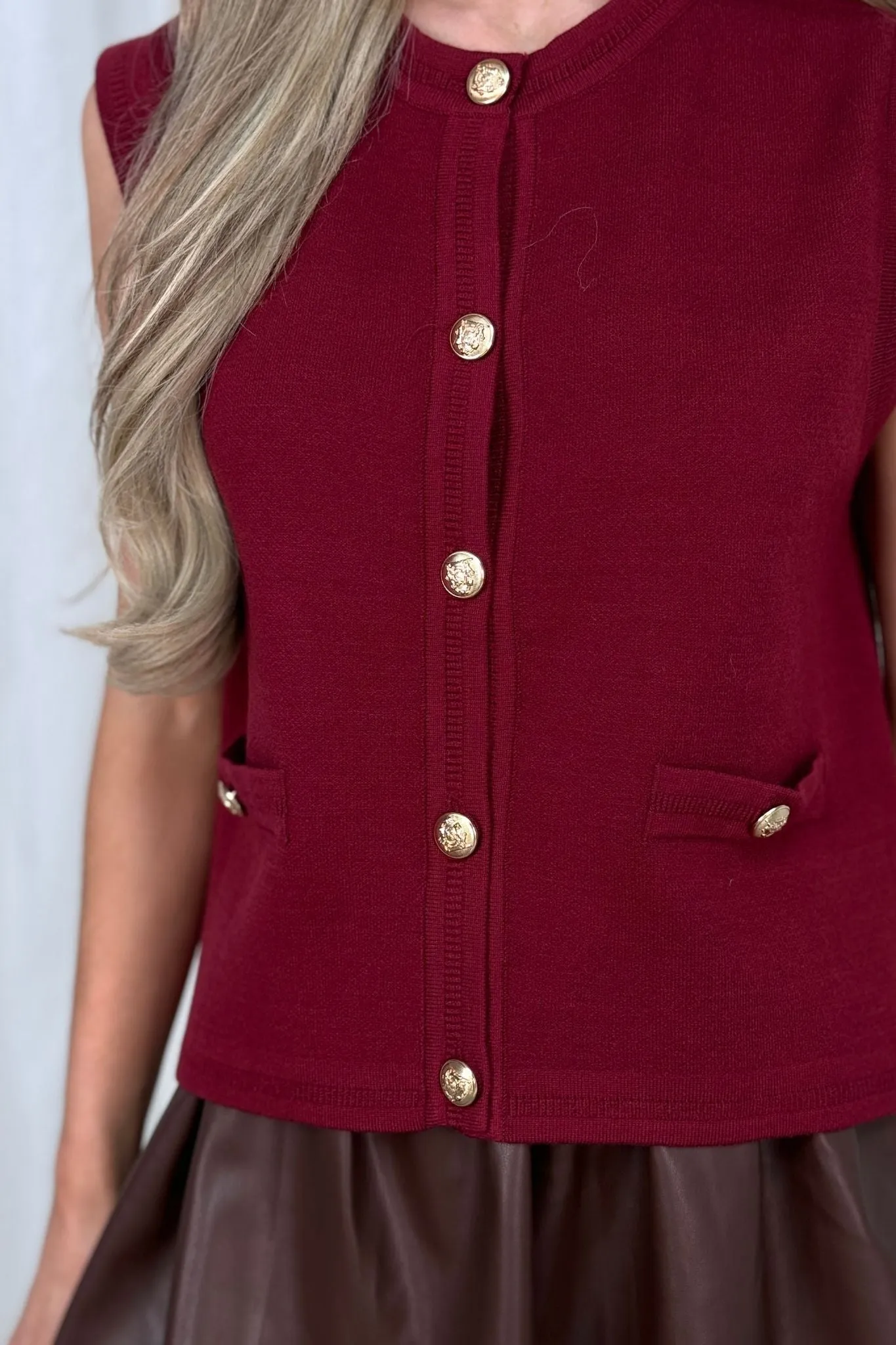 Kendra Round Neck Waistcoat In Bordeaux