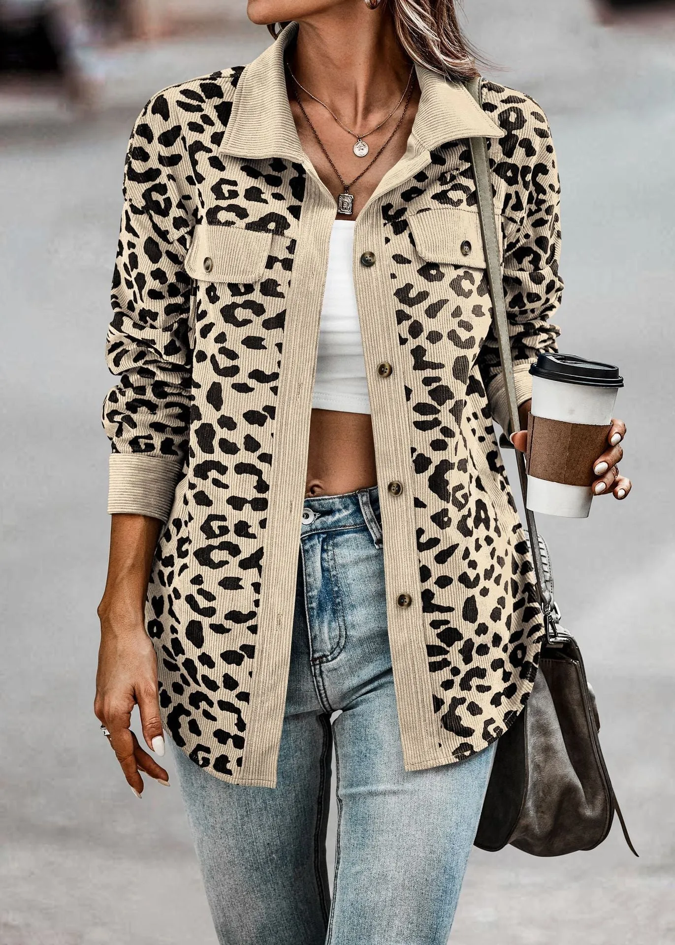 Leopard Print Shirt Coat Fashion Button Long Sleeve Jacket Women