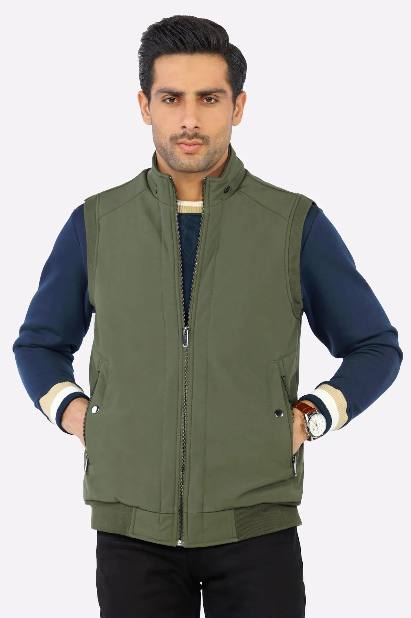 Mens Olive Sleeveless Quilted Bomber Vest