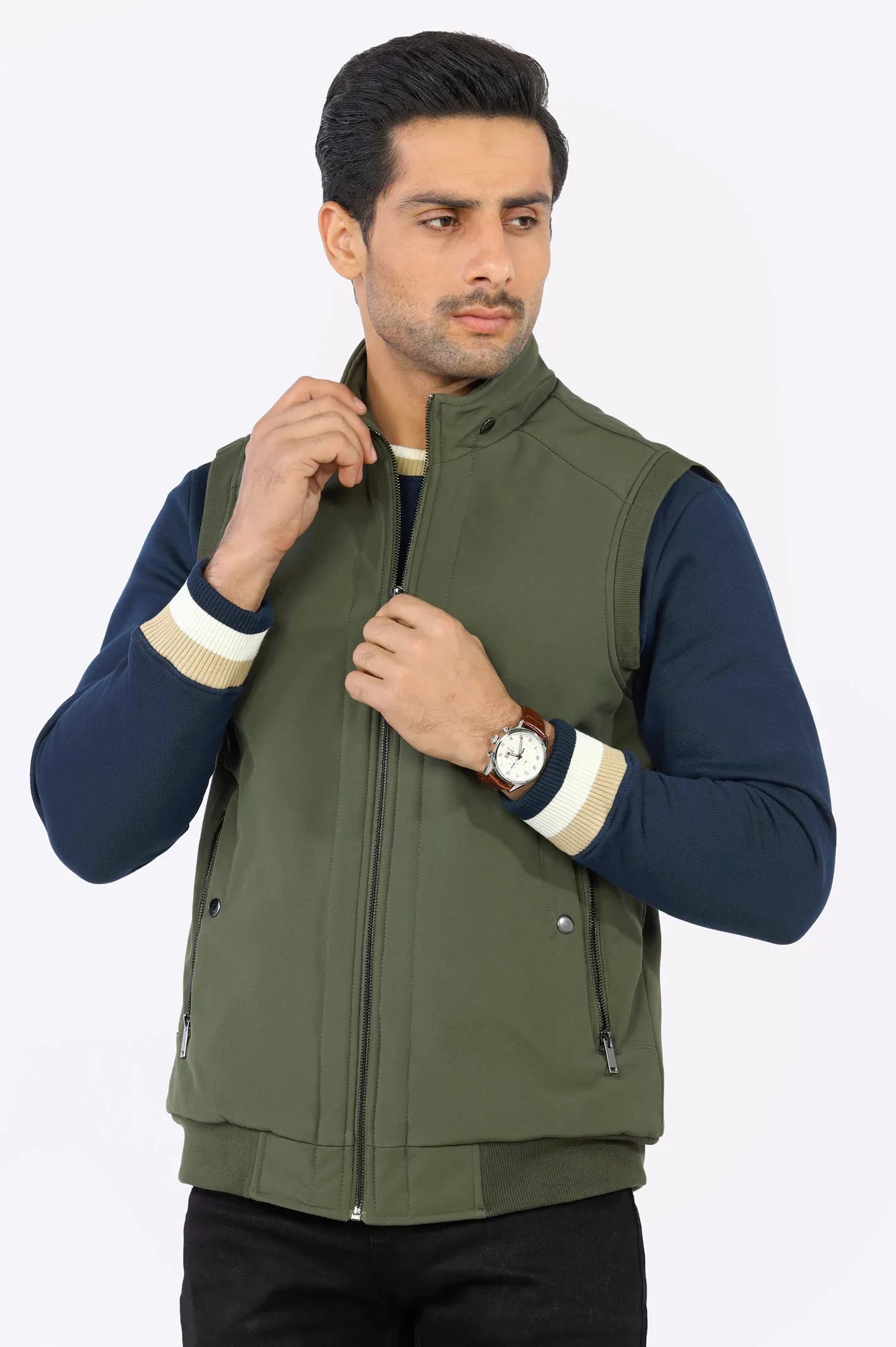 Mens Olive Sleeveless Quilted Bomber Vest